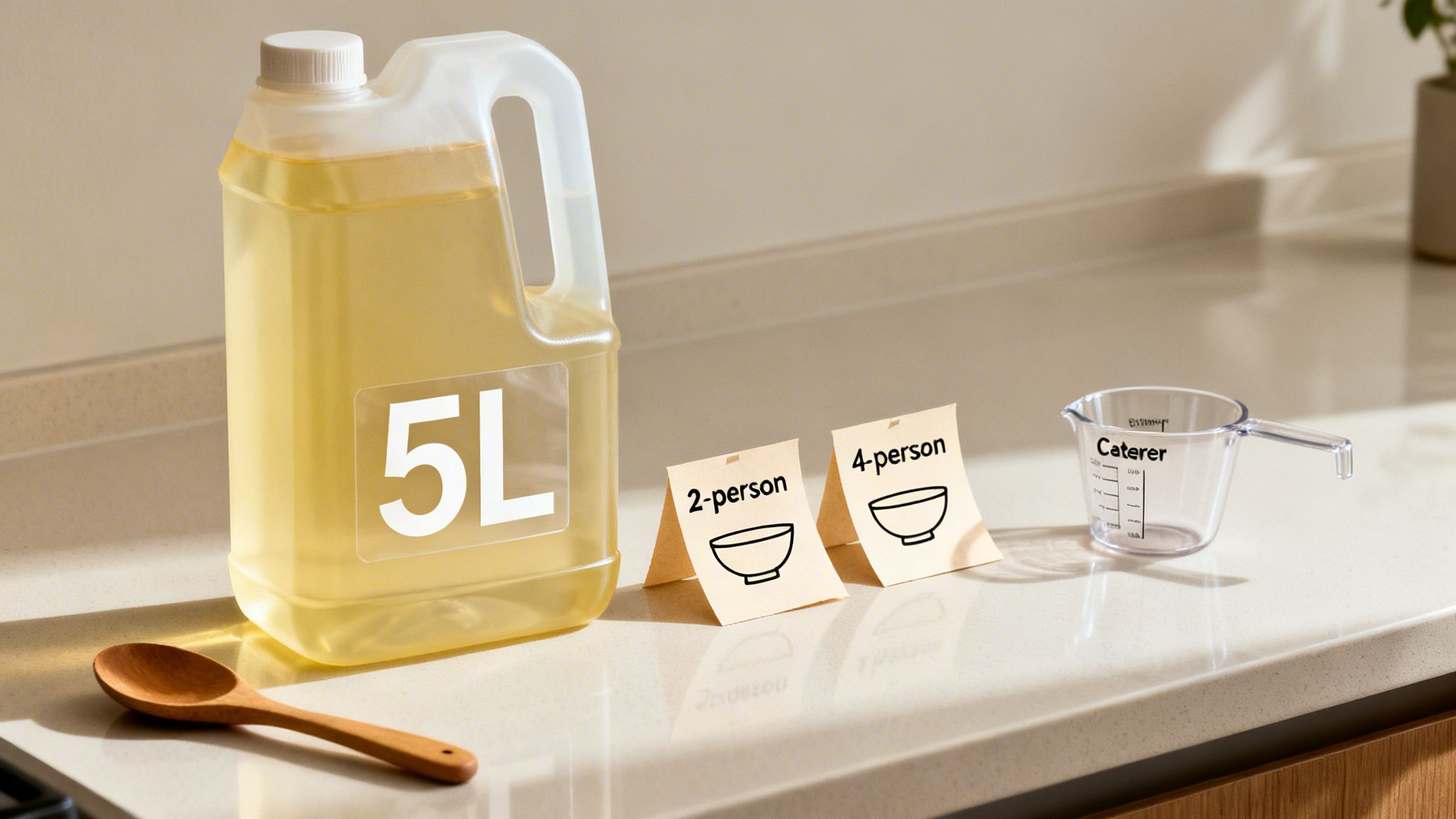 A 5L bottle of vegetable oil, sticky notes for 2-person and 4-person servings, and a measuring cup on a kitchen counter.