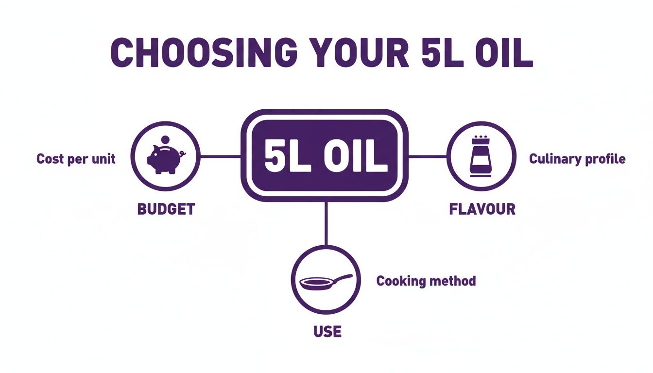 Flowchart illustrating factors for choosing 5L oil: budget, flavour, and cooking method.