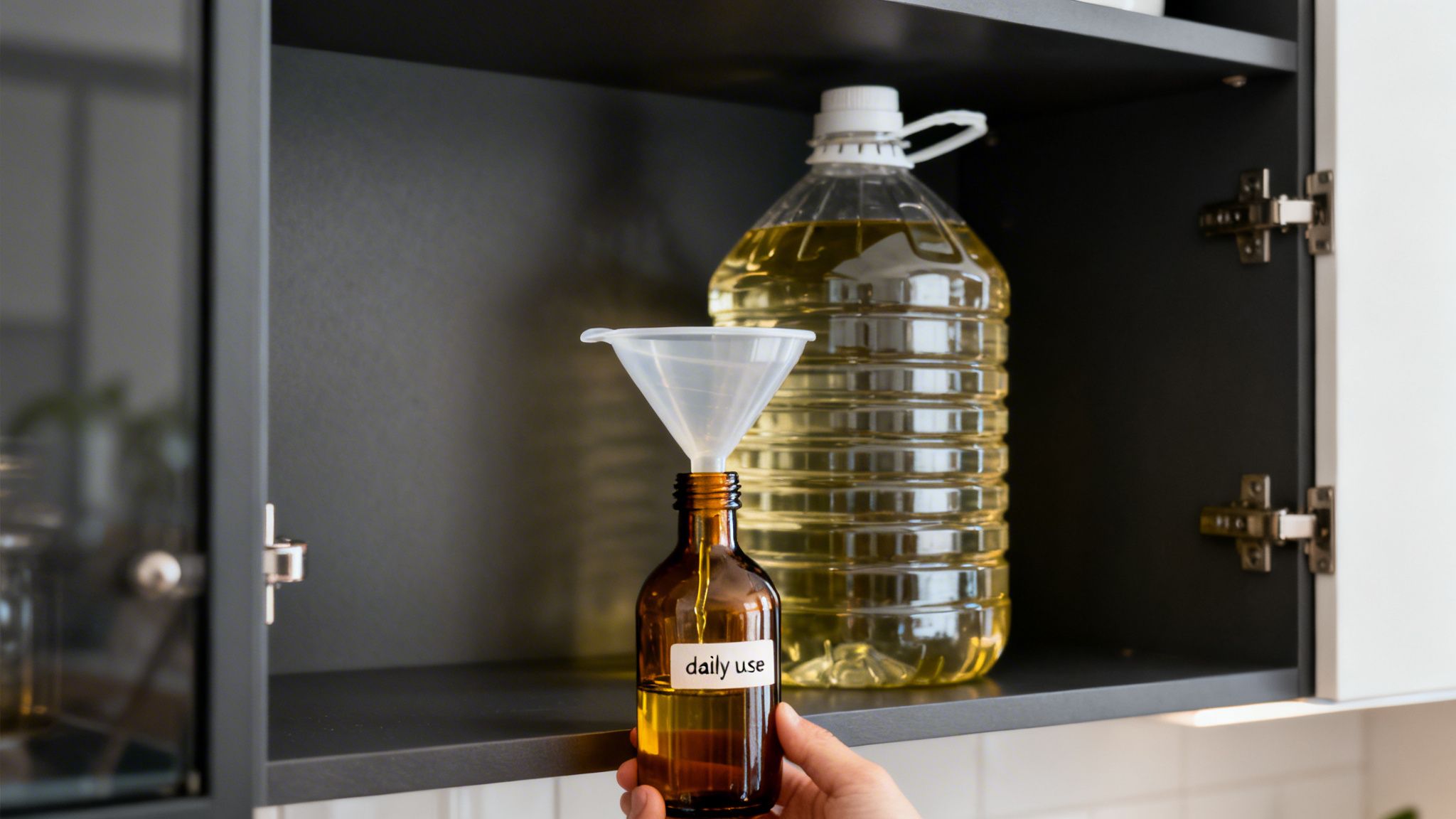 A person refilling a small 'daily use' bottle with cooking oil from a large container using a funnel in a kitchen cabinet.