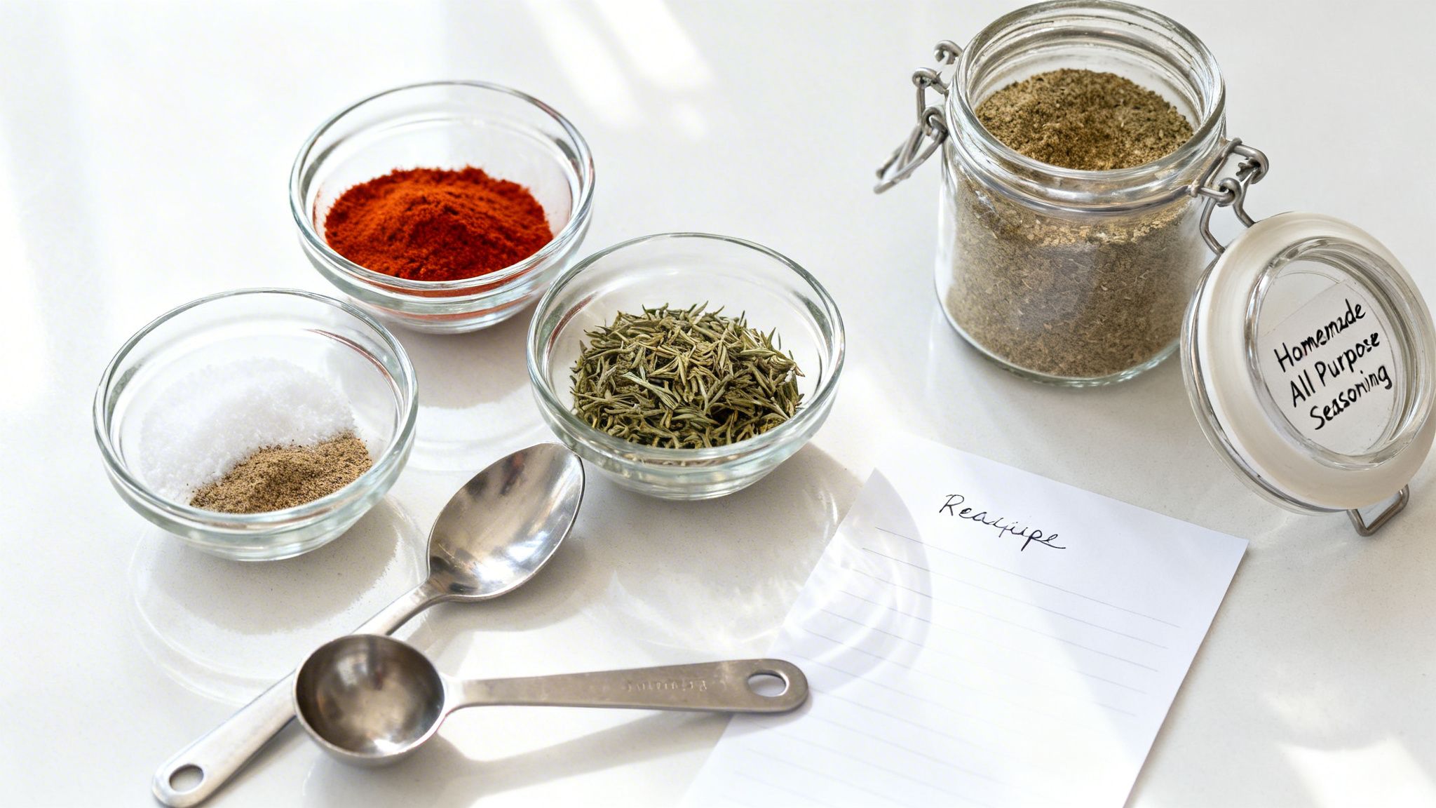 Ingredients for homemade all-purpose seasoning: salt, pepper, paprika, rosemary, and a jar of mixed spice.