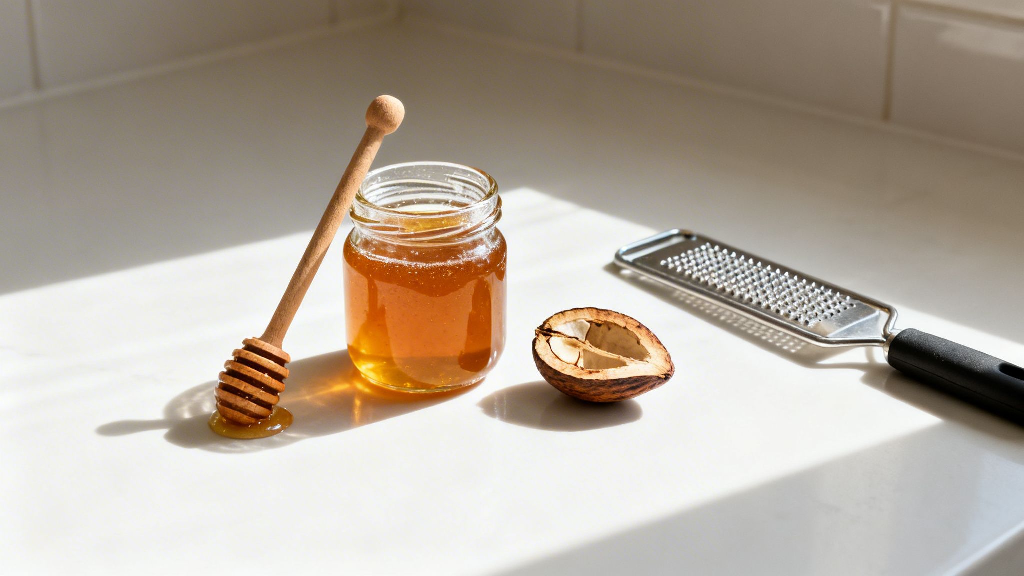 A jar of golden honey with a wooden dipper, a bitter kola nut, and a grater on a white counter.