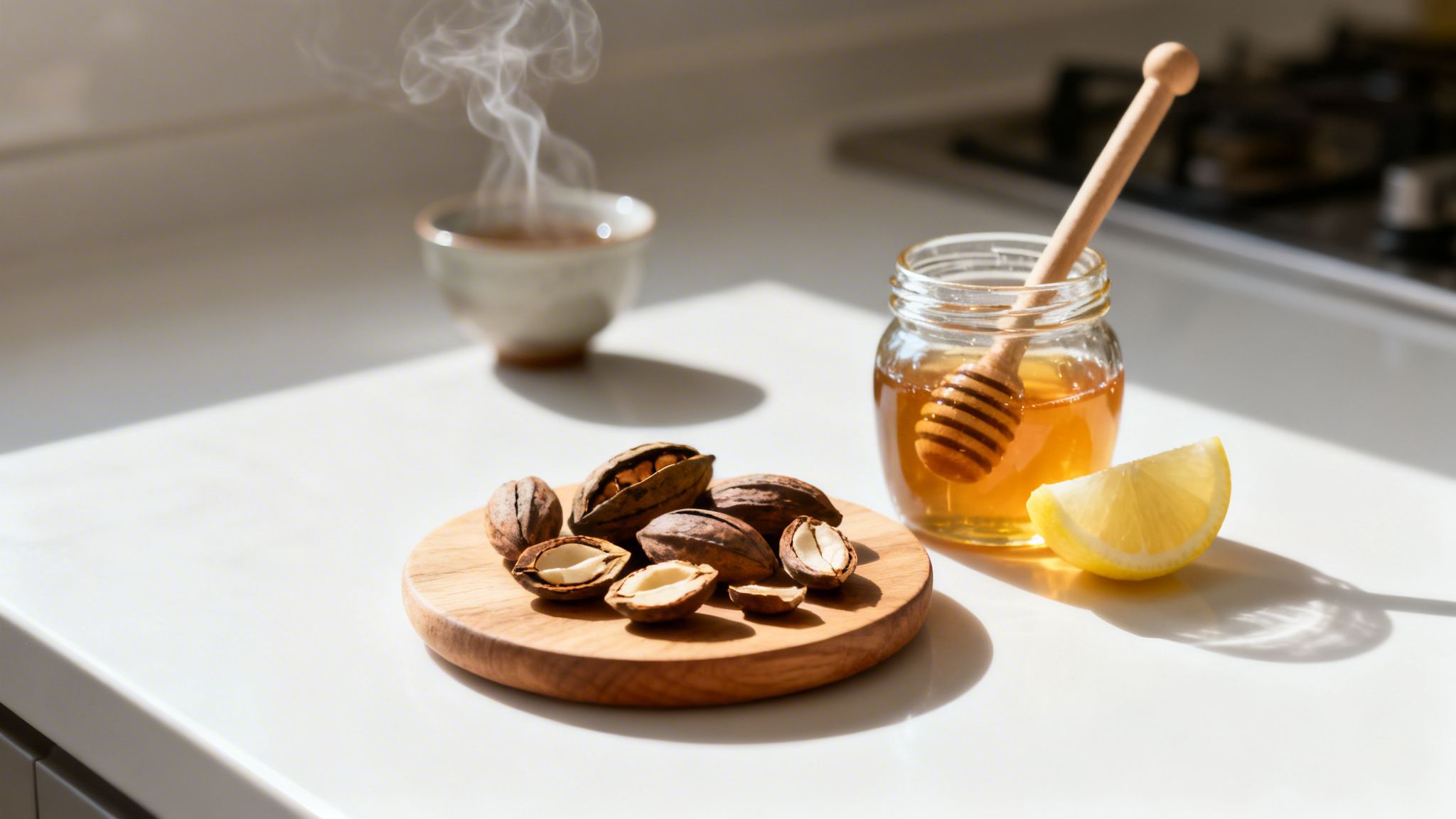Steaming cup, kola nuts (some cracked), honey jar with dipper, and lemon on a sunlit counter.