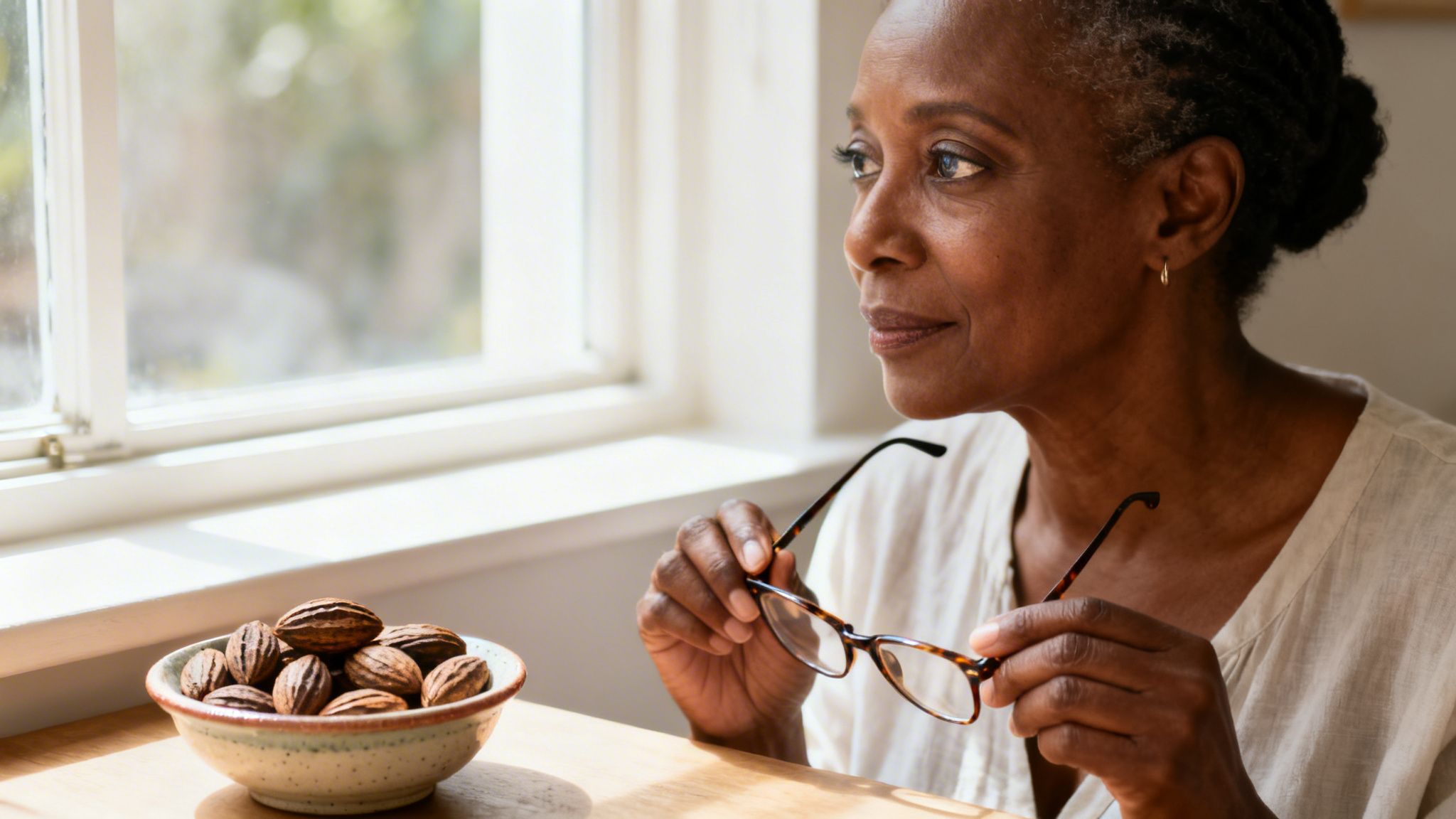 A thoughtful older Black woman holds her glasses while looking out a window.