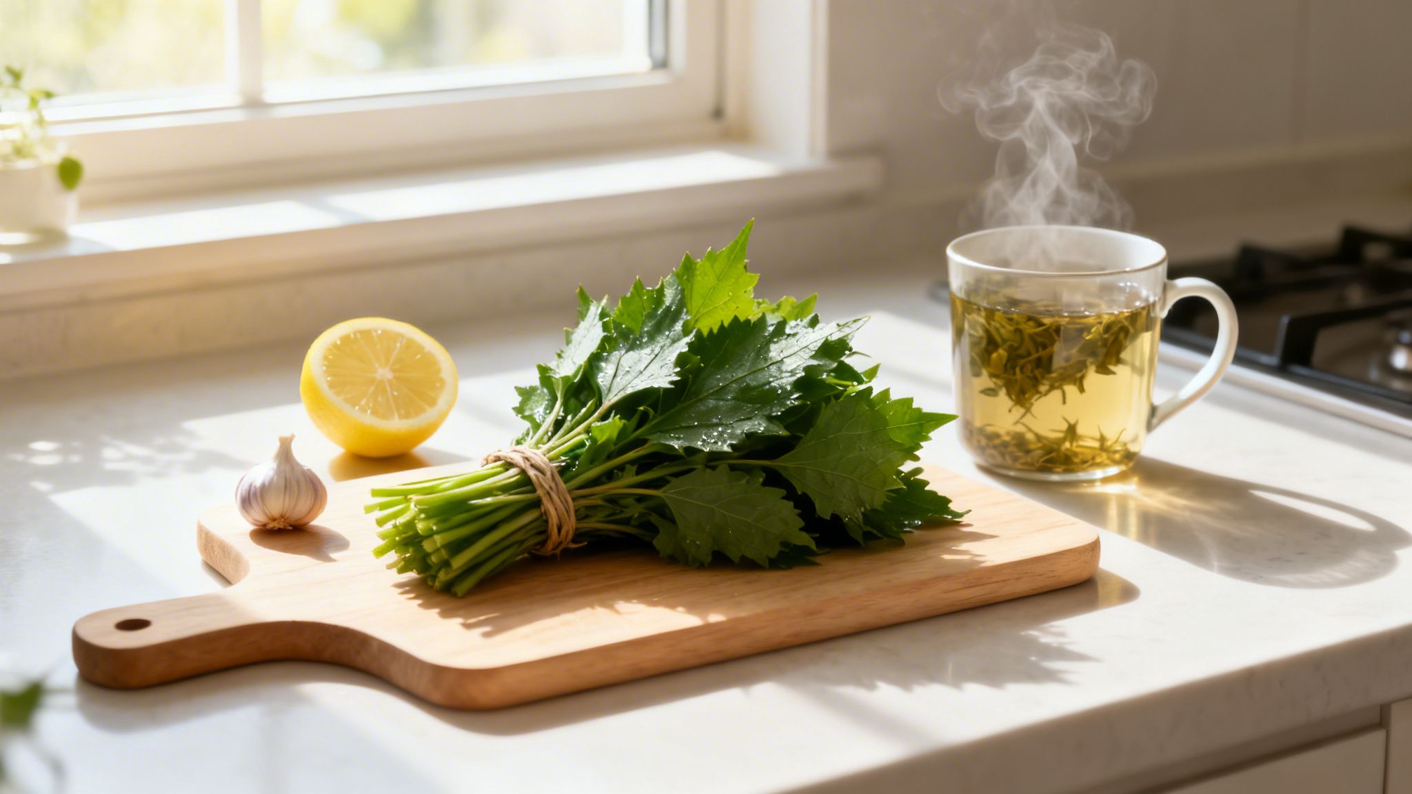 Fresh bitter leaf, lemon, and garlic on a cutting board, beside a steaming herbal tea.