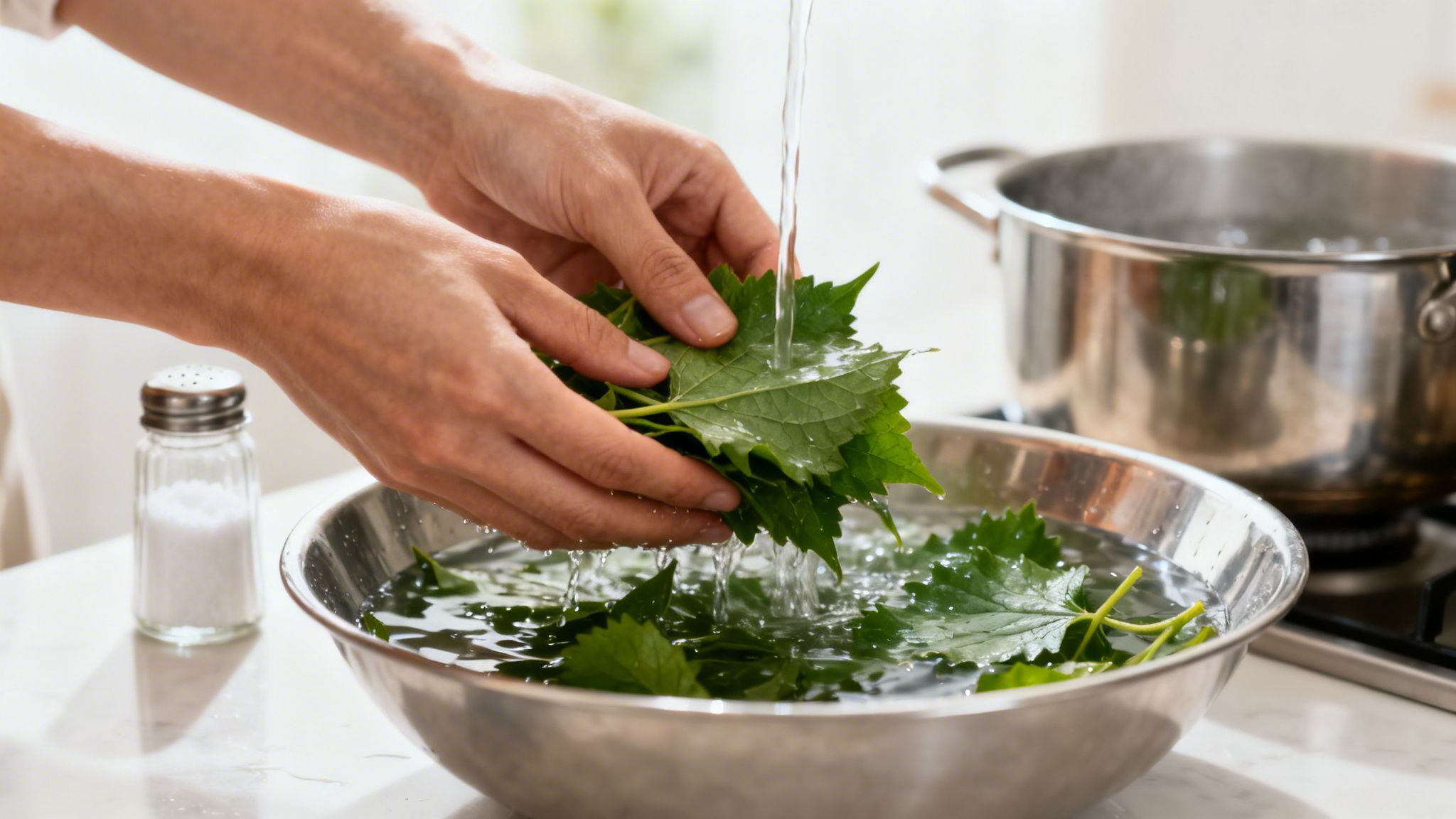 Hands washing fresh green leaves in a stainless steel bowl with running water, preparing for cooking.