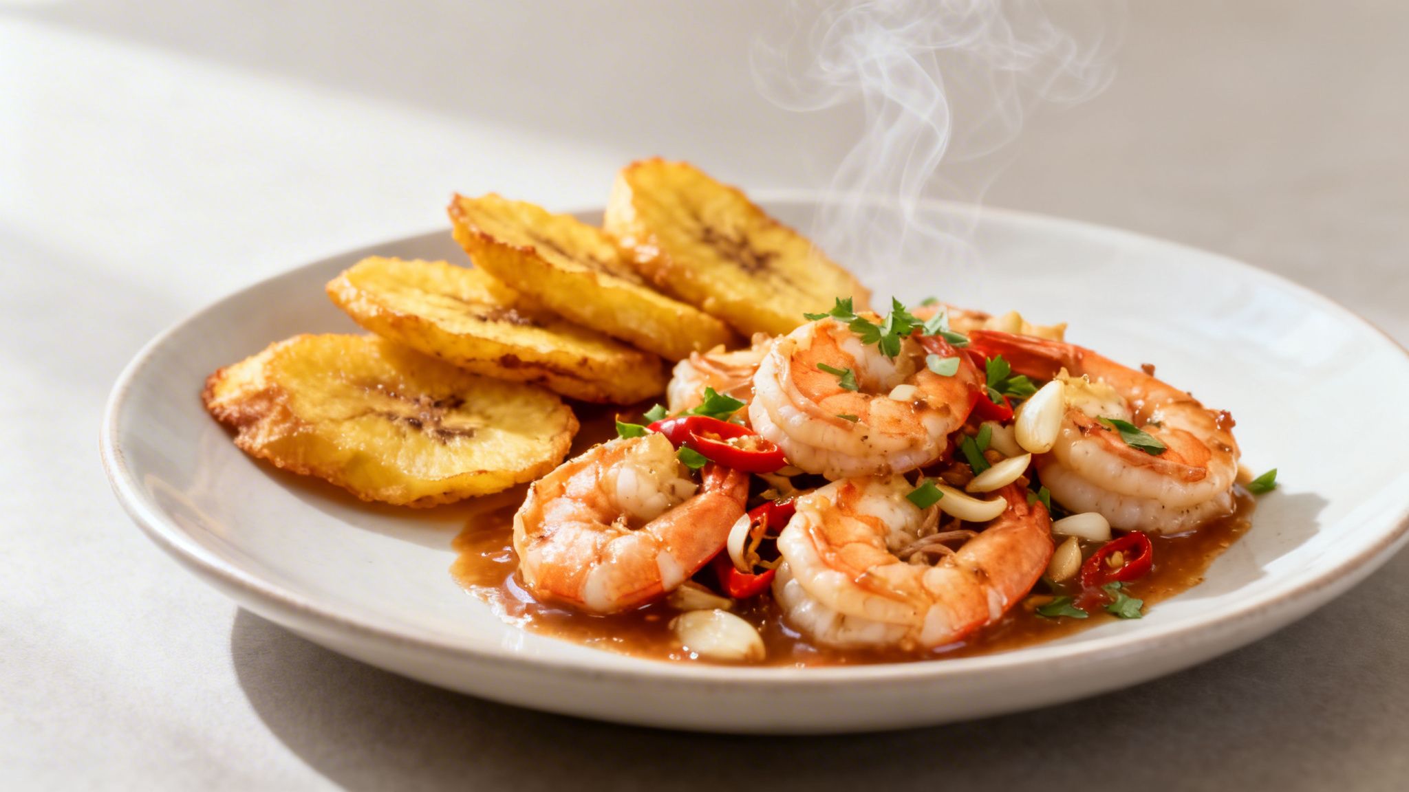 Steaming hot garlic chili shrimp with fried plantains on a light plate, garnished with fresh parsley.