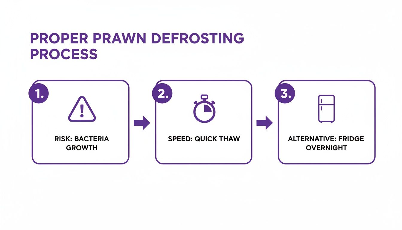 A three-step infographic outlining the proper prawn defrosting process to avoid bacteria growth.
