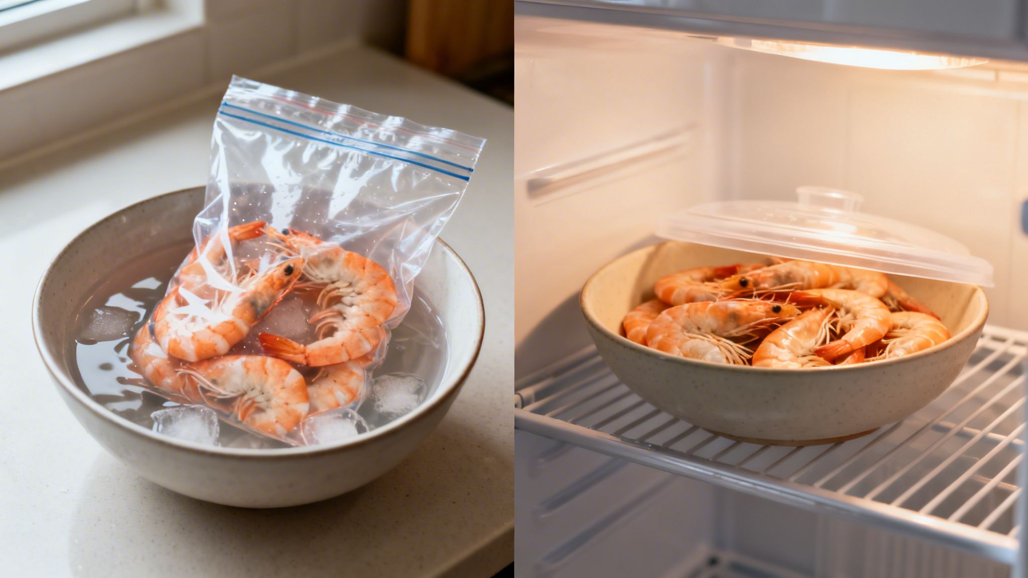 Cooked prawns being defrosted in an ice bath, and then stored in a lidded bowl inside a refrigerator.