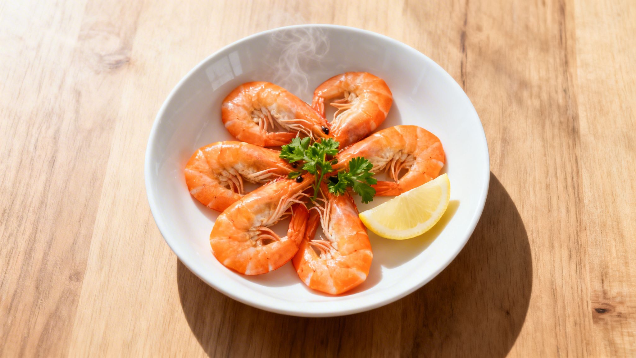 A white plate with six steaming cooked shrimp, parsley, and a lemon wedge on a wooden table.