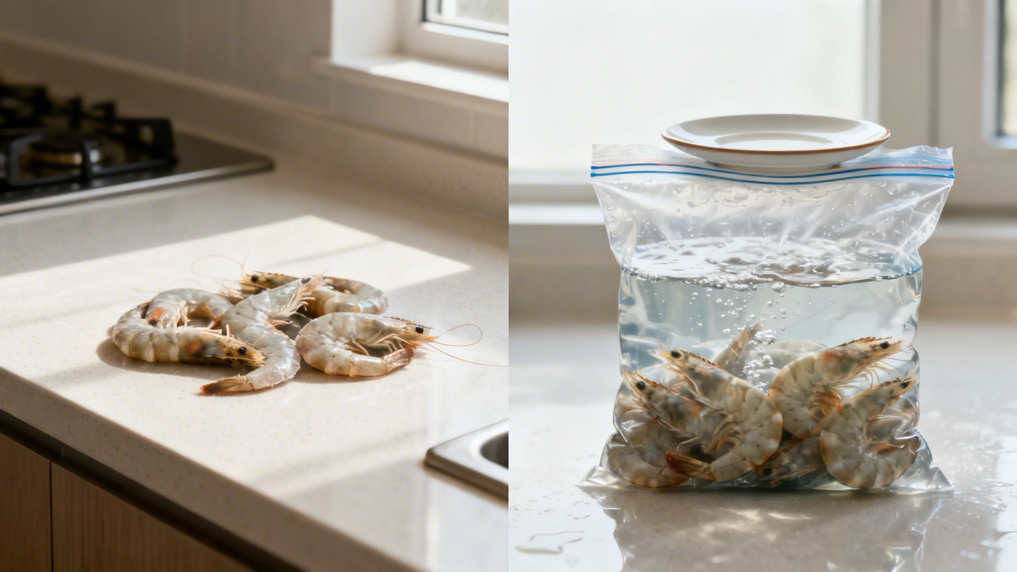 Raw prawns on a kitchen countertop, some in a bag of water for quick defrosting.