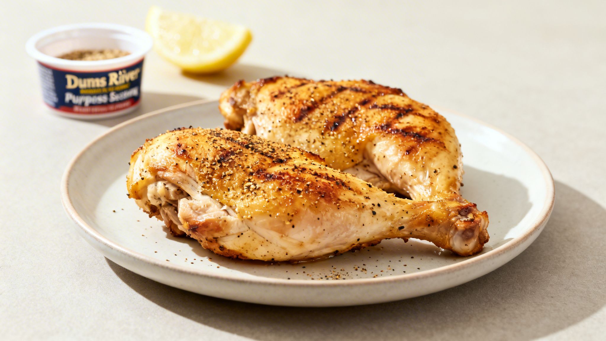 Two grilled chicken pieces seasoned with pepper on a plate, with Dunns River All Purpose Seasoning and a lemon.