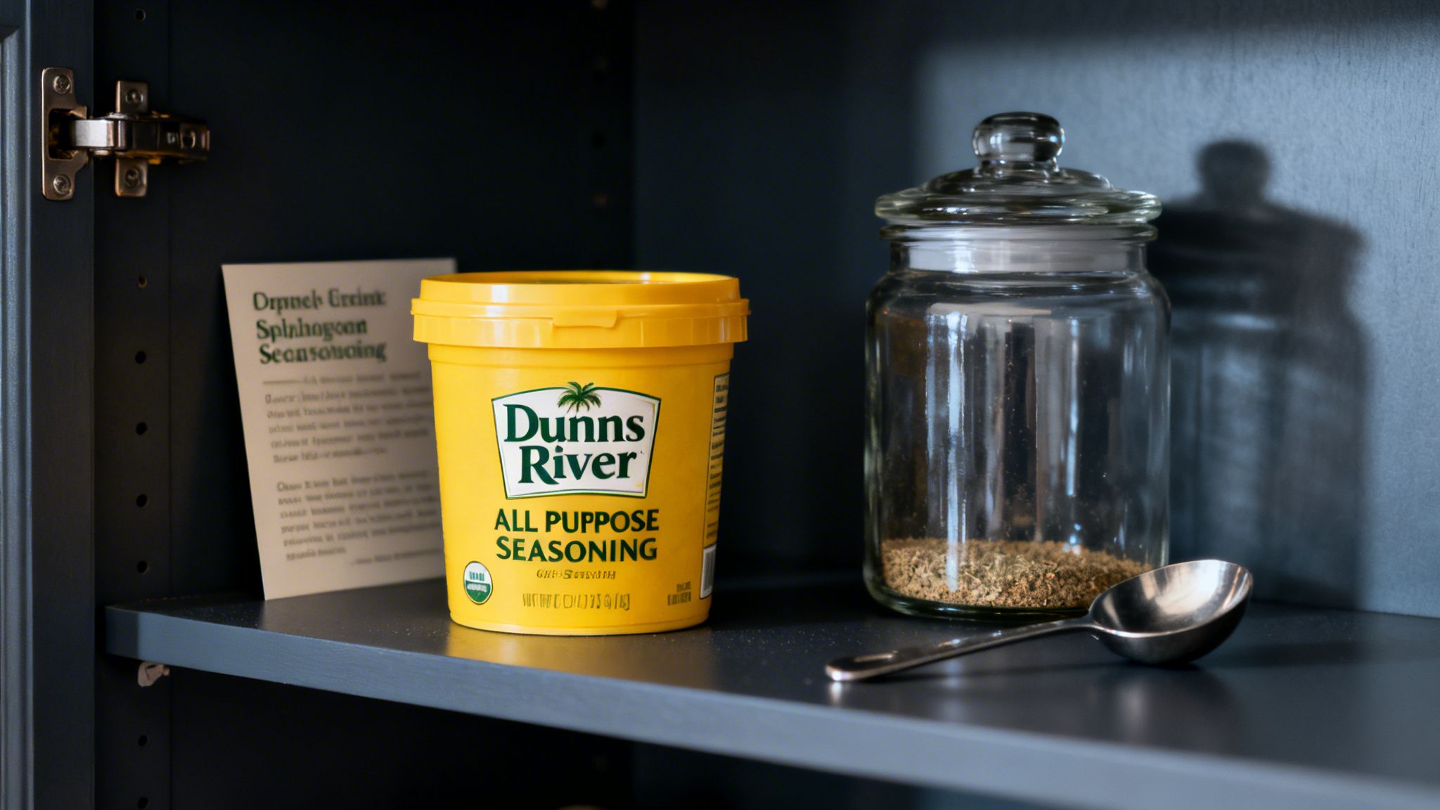 Dunns River all-purpose seasoning next to a glass jar with spices and a spoon on a dark shelf.