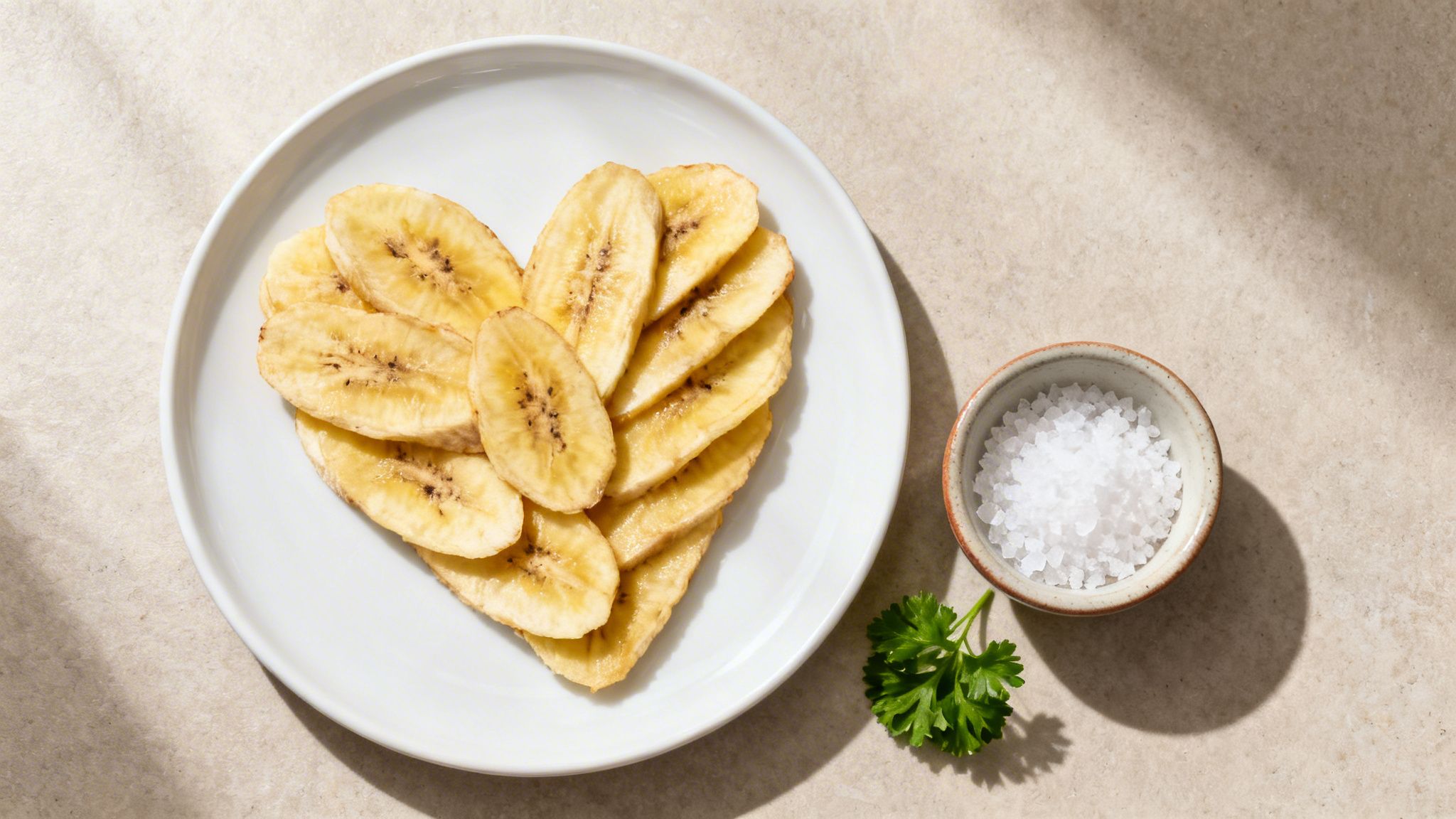 Heart-shaped dried plantain slices on a white plate, accompanied by sea salt and fresh parsley.