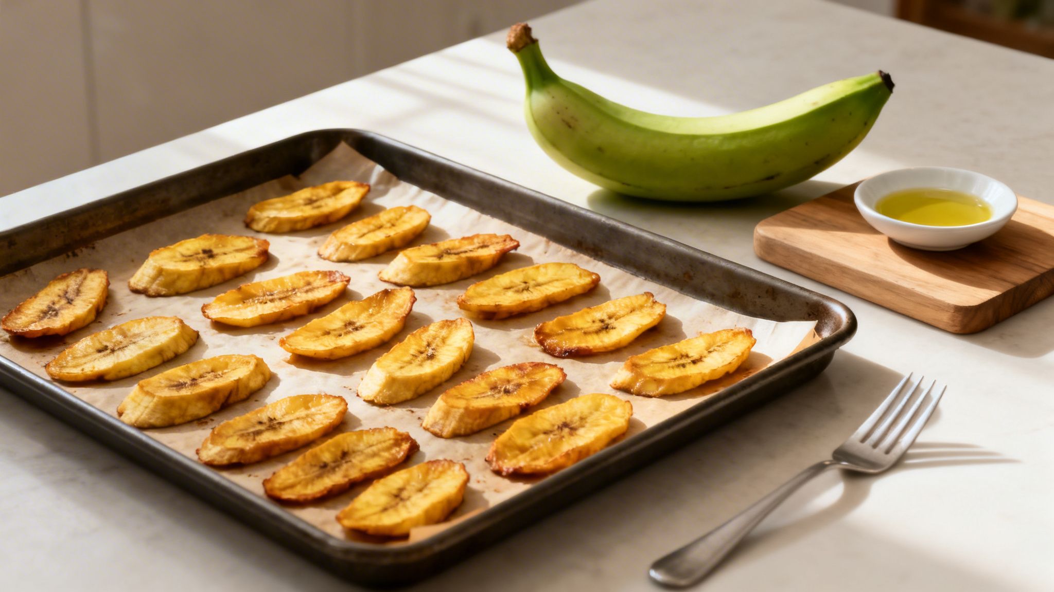 Golden baked plantain slices on parchment paper with a raw green plantain and oil.