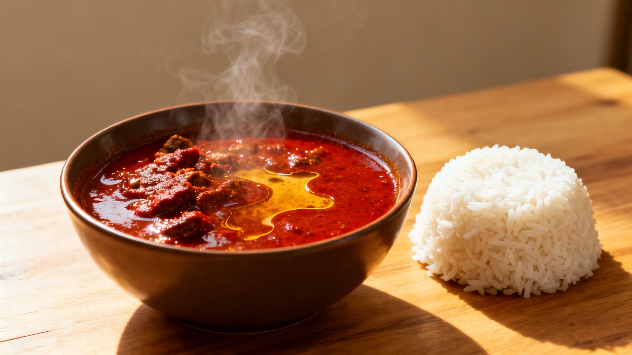 A steaming bowl of Nigerian red stew with meat, next to a mound of white rice on a wooden table.