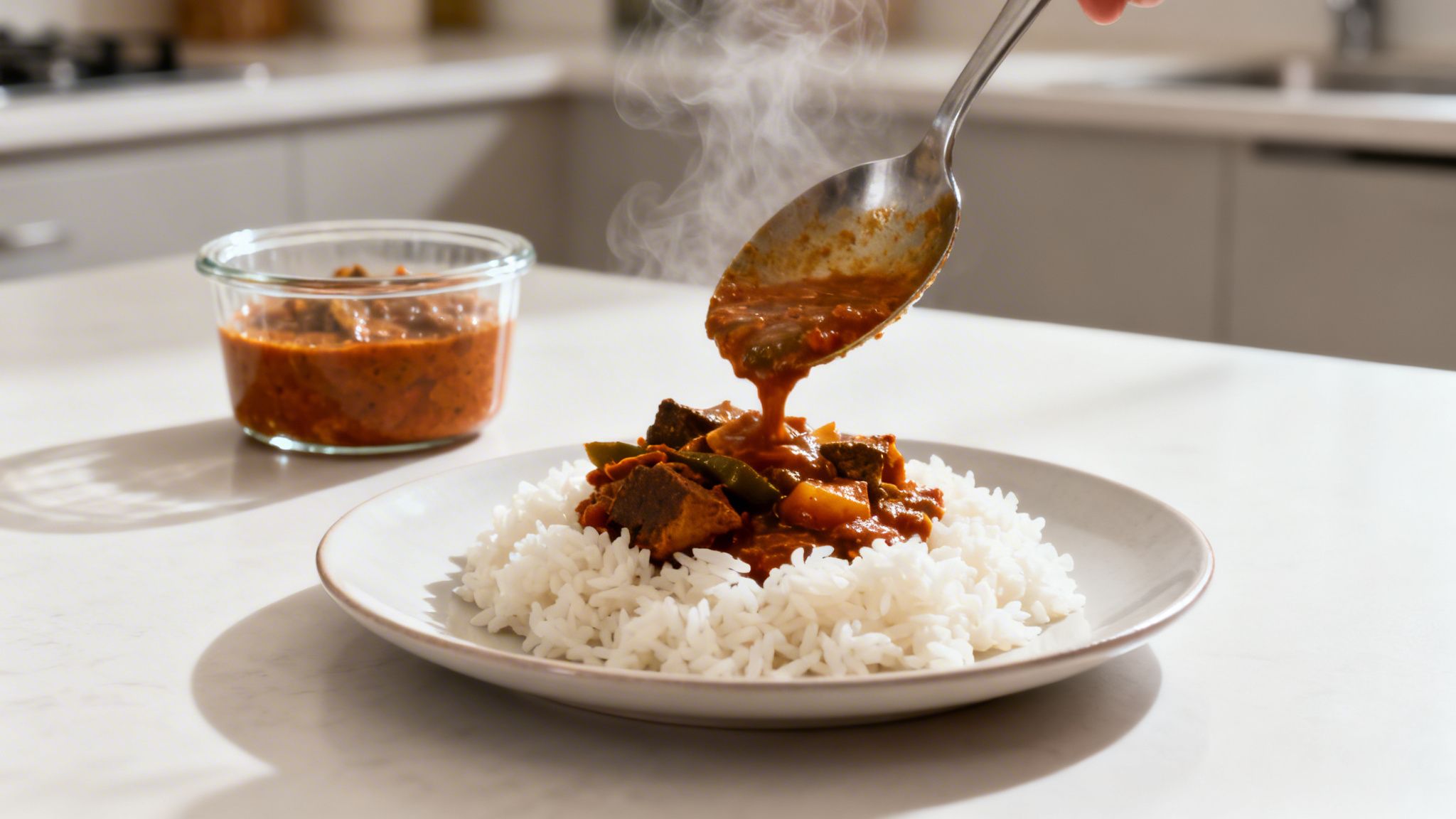A person spoons steaming beef and vegetable stew onto a plate of white rice in a kitchen.