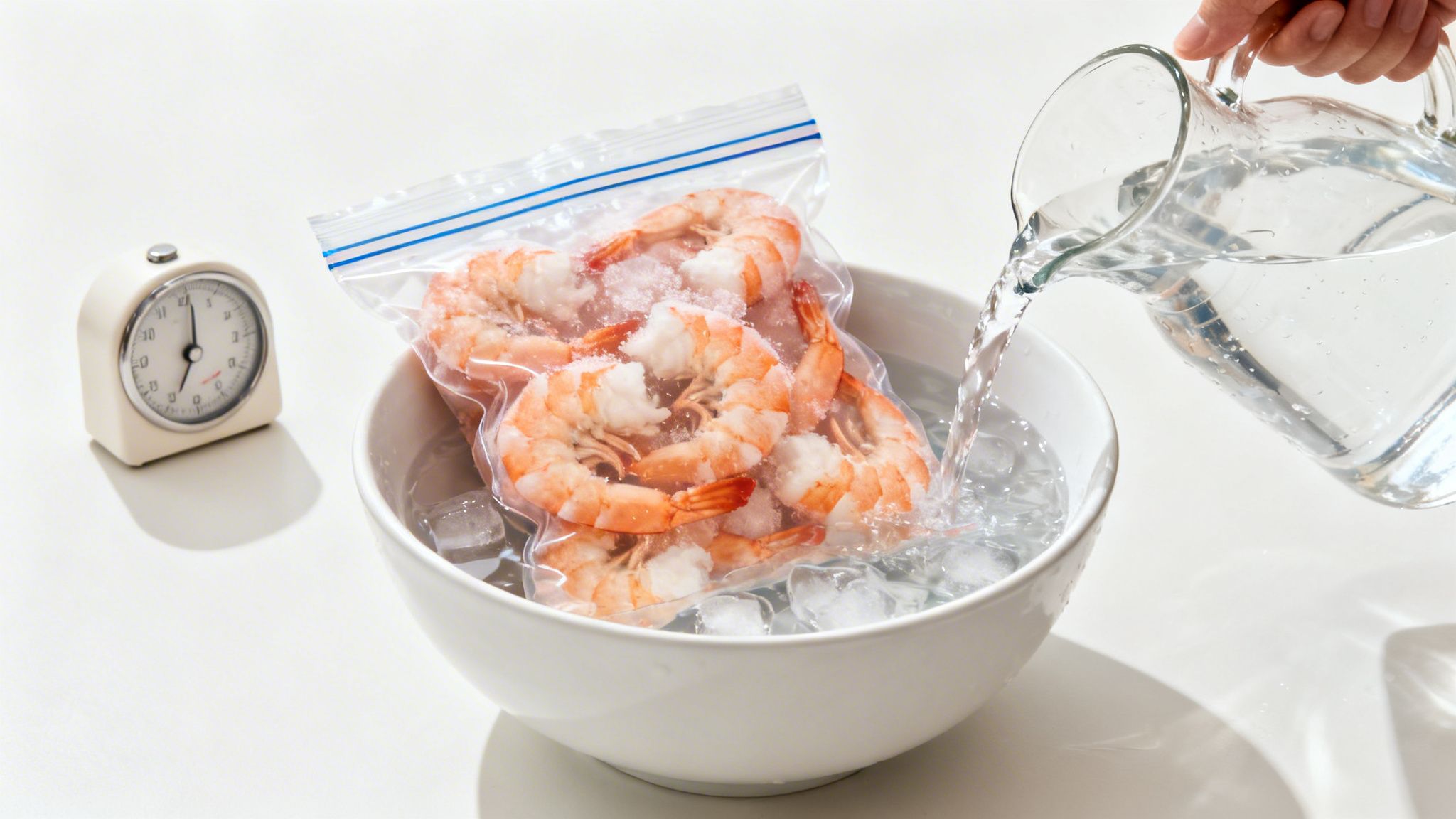 A hand pours water into a bowl with a bag of frozen prawns and ice, next to a kitchen timer.
