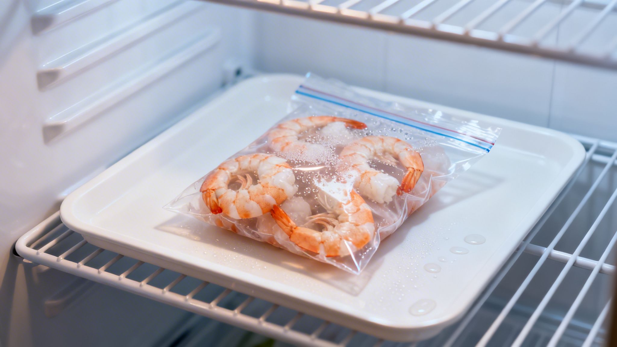 Cooked shrimp thawing in a clear zip-lock bag on a white tray inside a refrigerator.