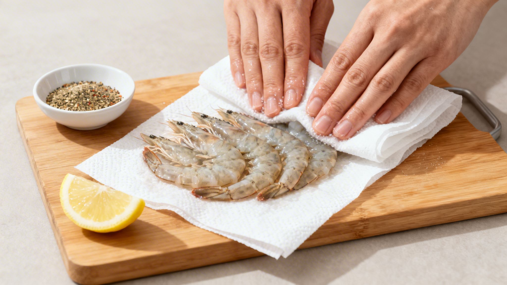 Hands drying fresh raw shrimp with paper towels on a wooden cutting board, with lemon and seasoning.