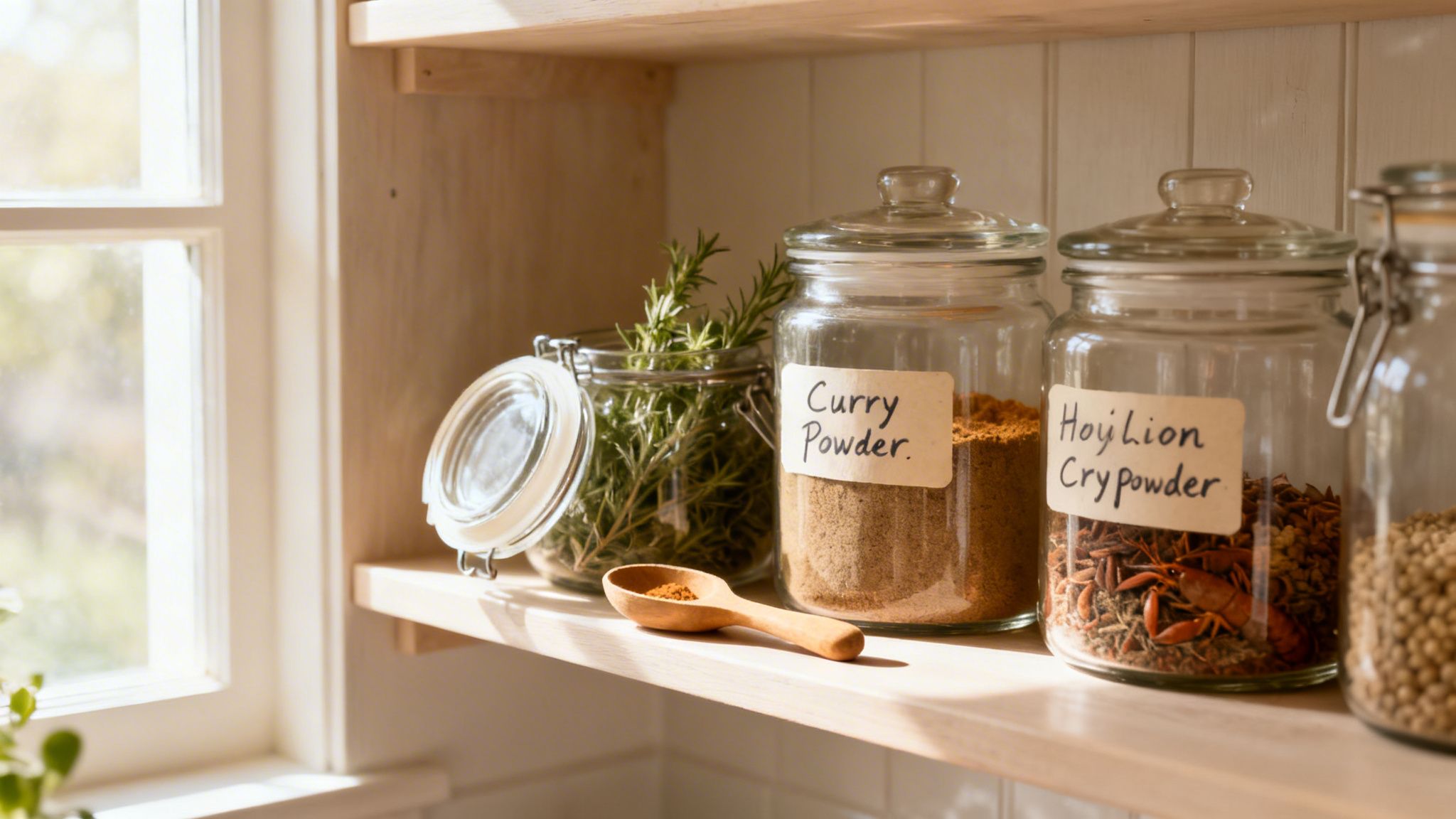 Kitchen shelf with glass jars containing various spices like curry powder, Hoylion Crypowder, and fresh rosemary.