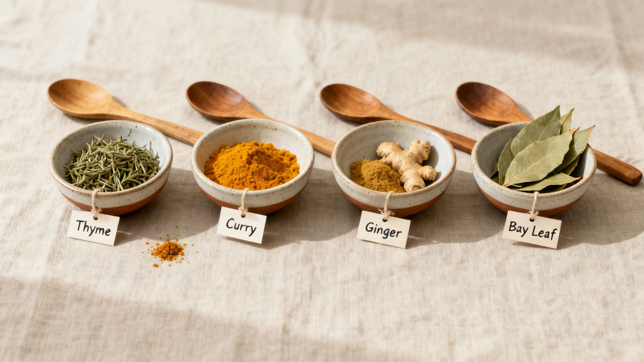 Four small bowls of dried spices including thyme, curry powder, ginger, and bay leaves, with labels.