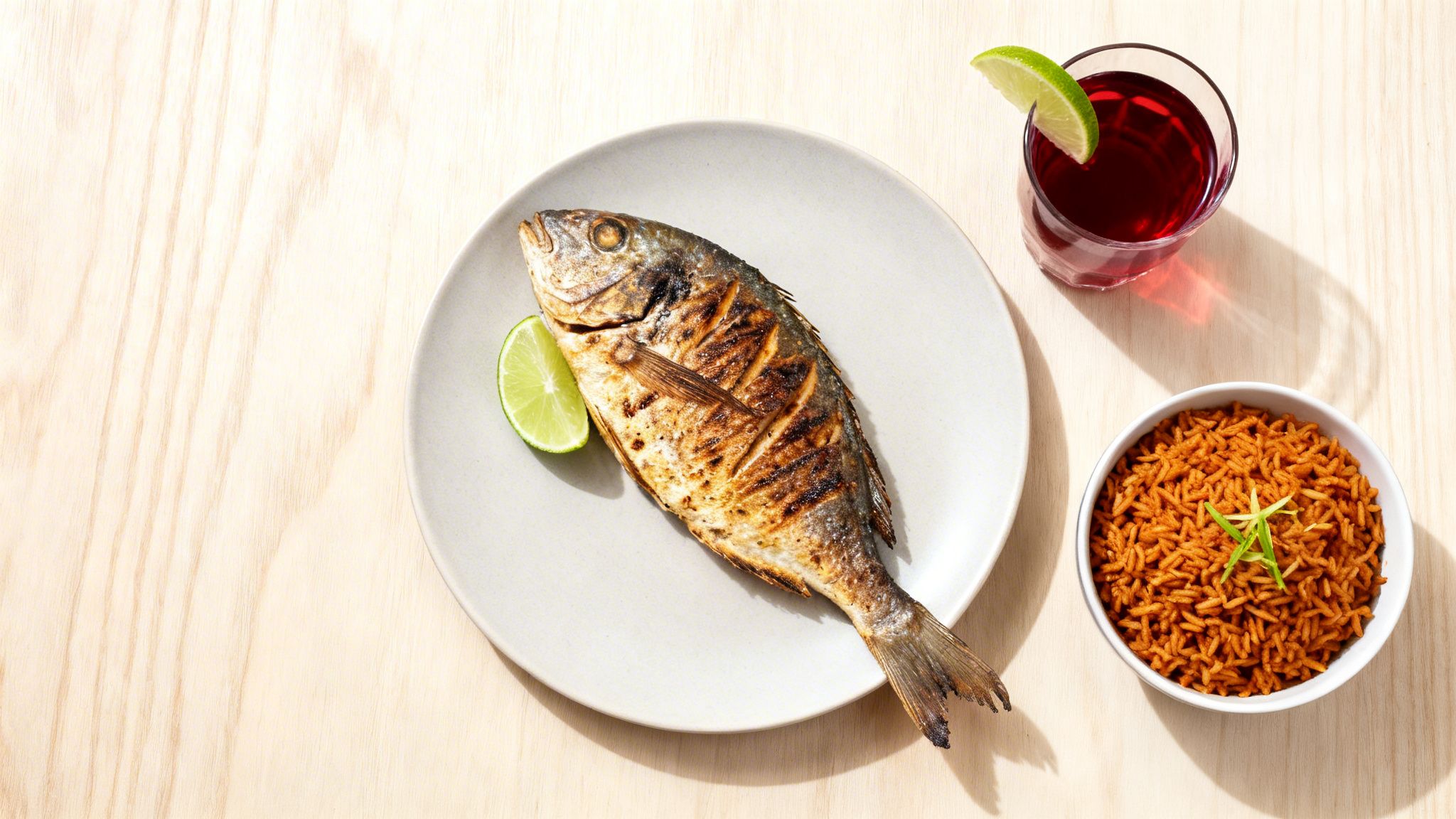 Grilled whole fish with a lime wedge, a bowl of red rice, and a red drink.