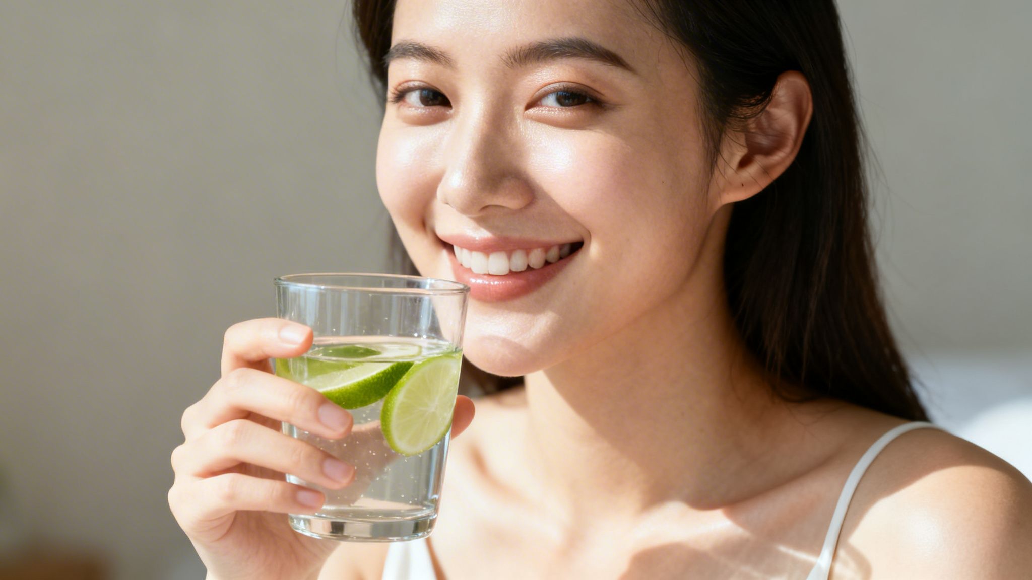 A smiling young Asian woman with glowing skin holds a glass of water with lime slices.