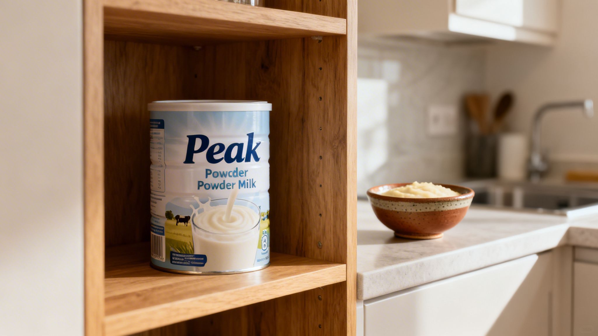 A can of Peak Powdered Milk sits on a wooden shelf in a bright kitchen setting.