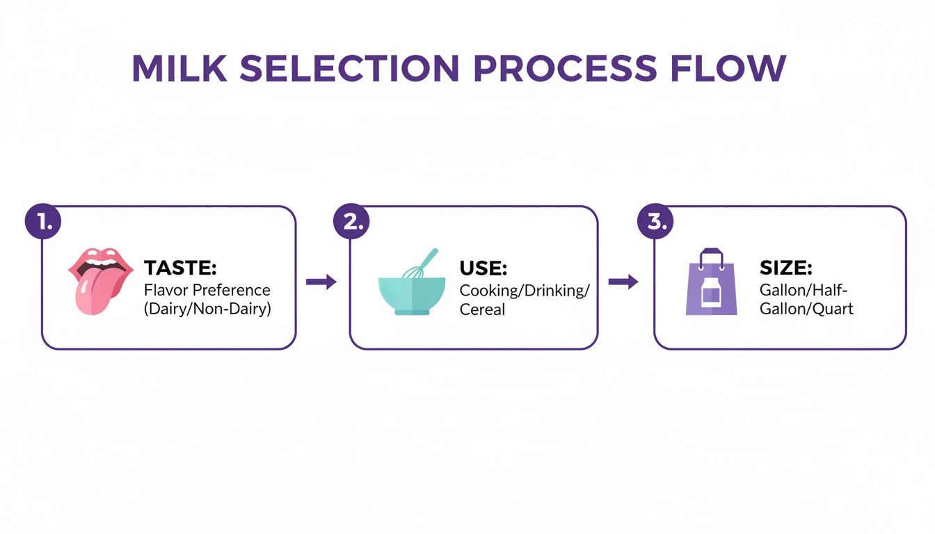Flowchart illustrating the milk selection process based on taste, use, and size preferences.