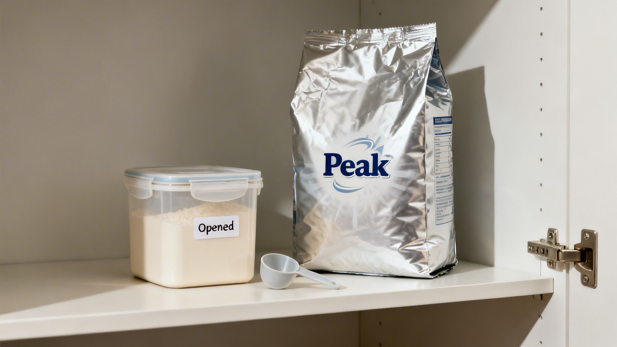 A silver bag of Peak powdered milk and an opened container with a scoop on a kitchen shelf.