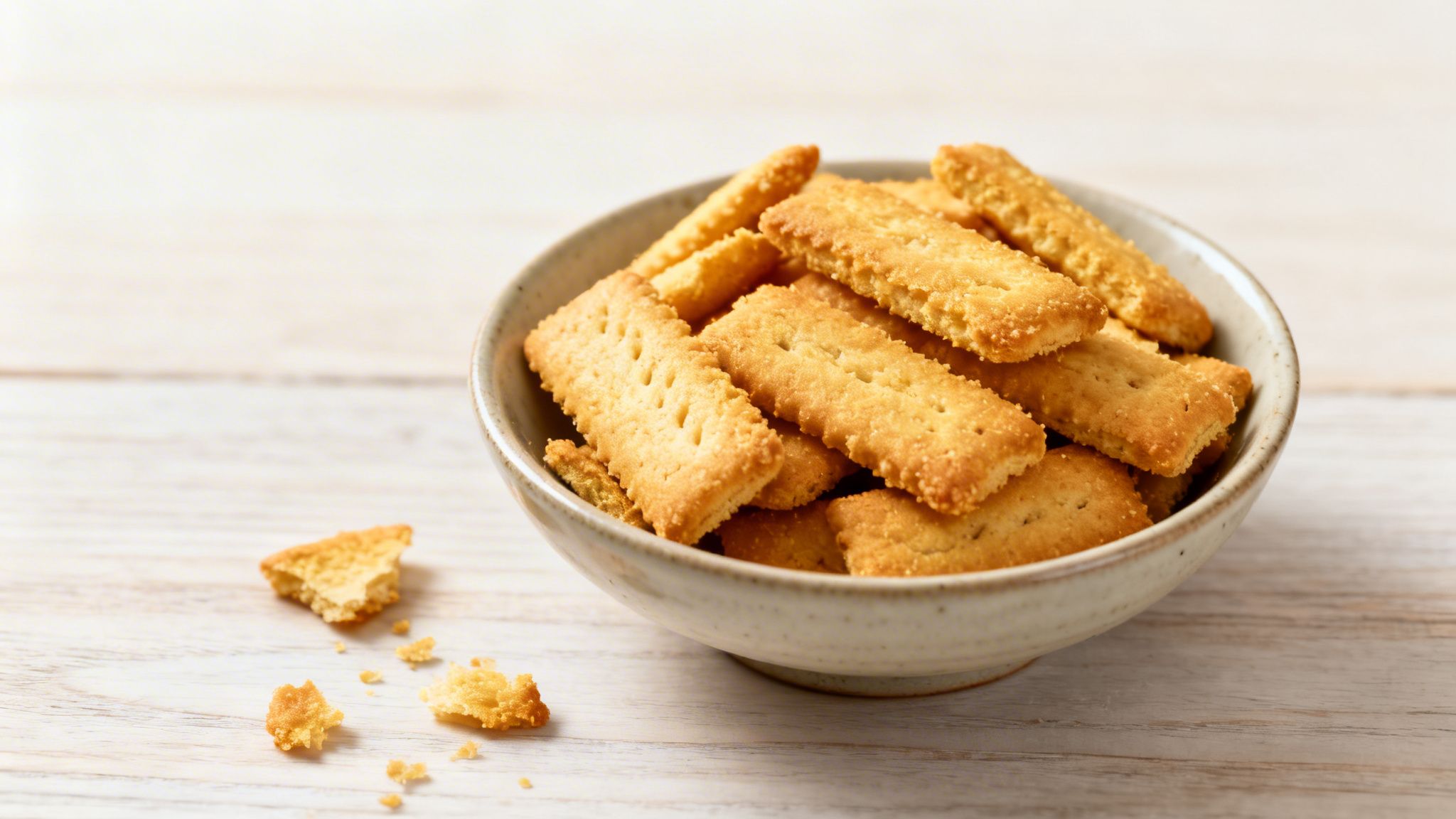 A ceramic bowl filled with golden rectangular chin chin biscuits on a light wooden table, with some crumbs.