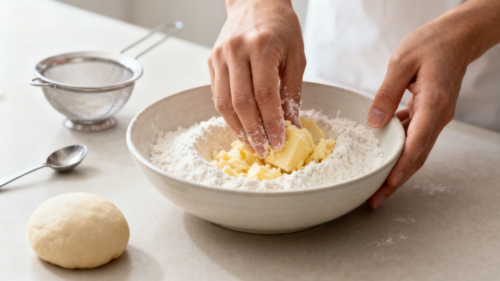 Close-up of hands mixing butter chunks into a bowl of white flour for baking.