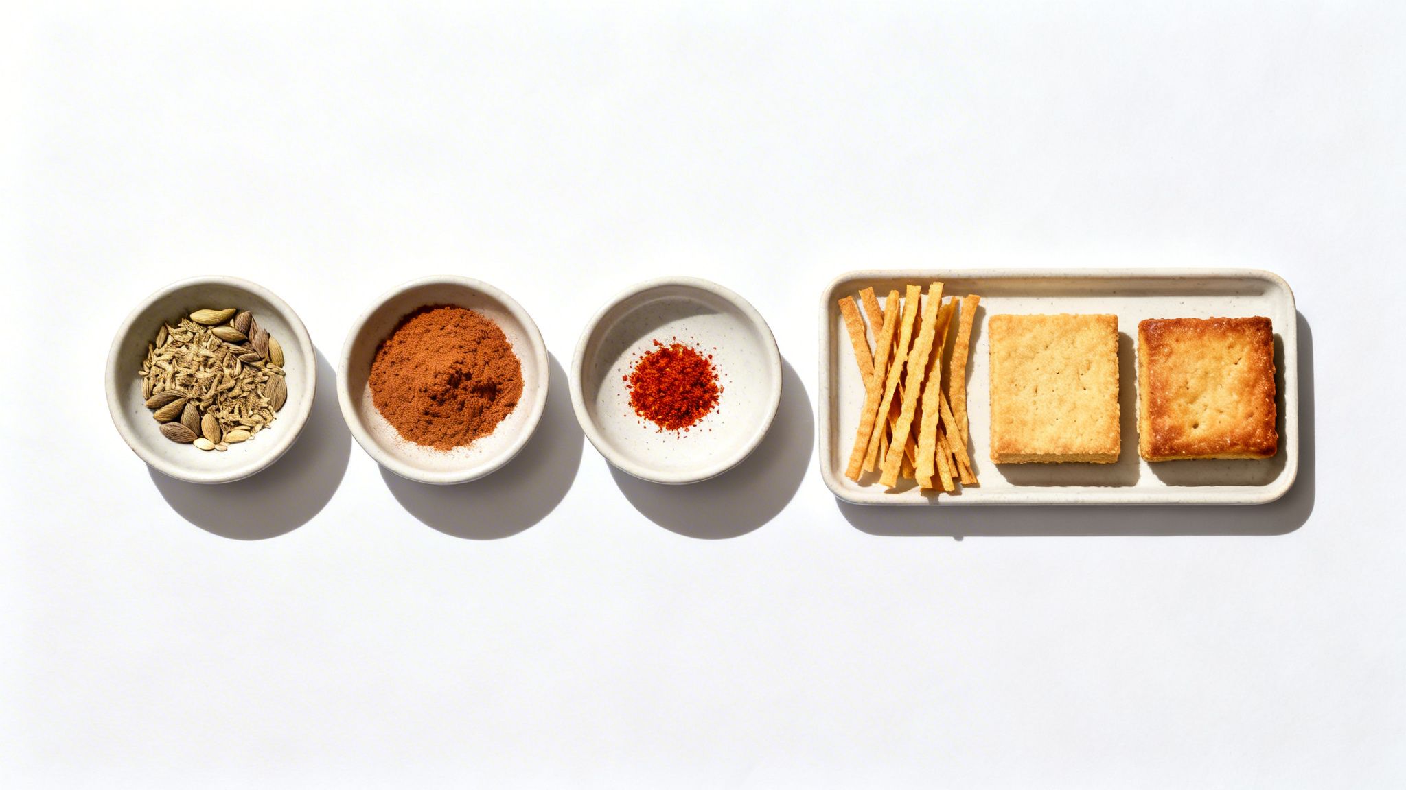 Various spices in small white bowls alongside crackers and crunchy sticks on a white background.