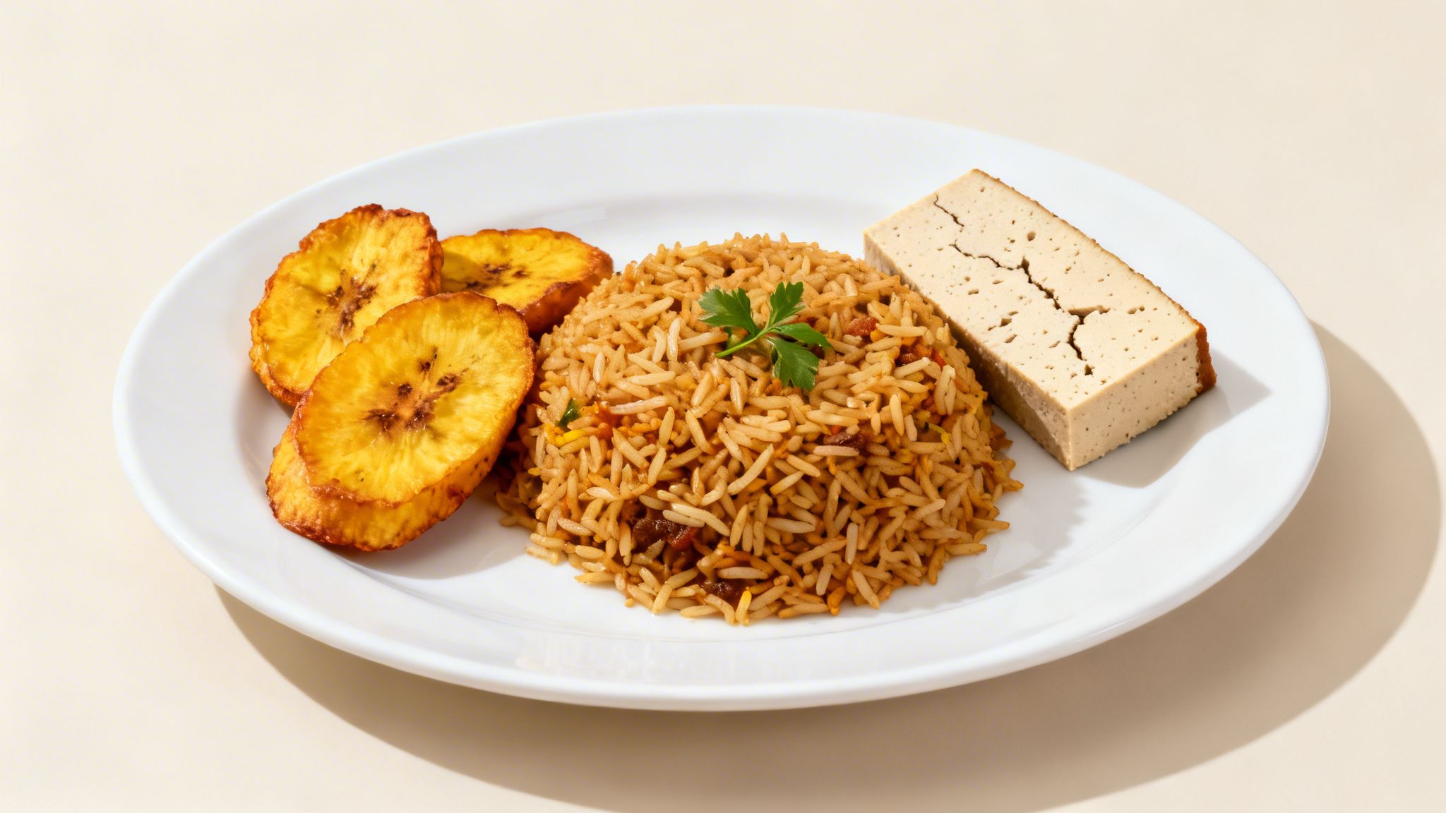 A plate of Nigerian fried rice with golden fried plantains and a block of tofu.