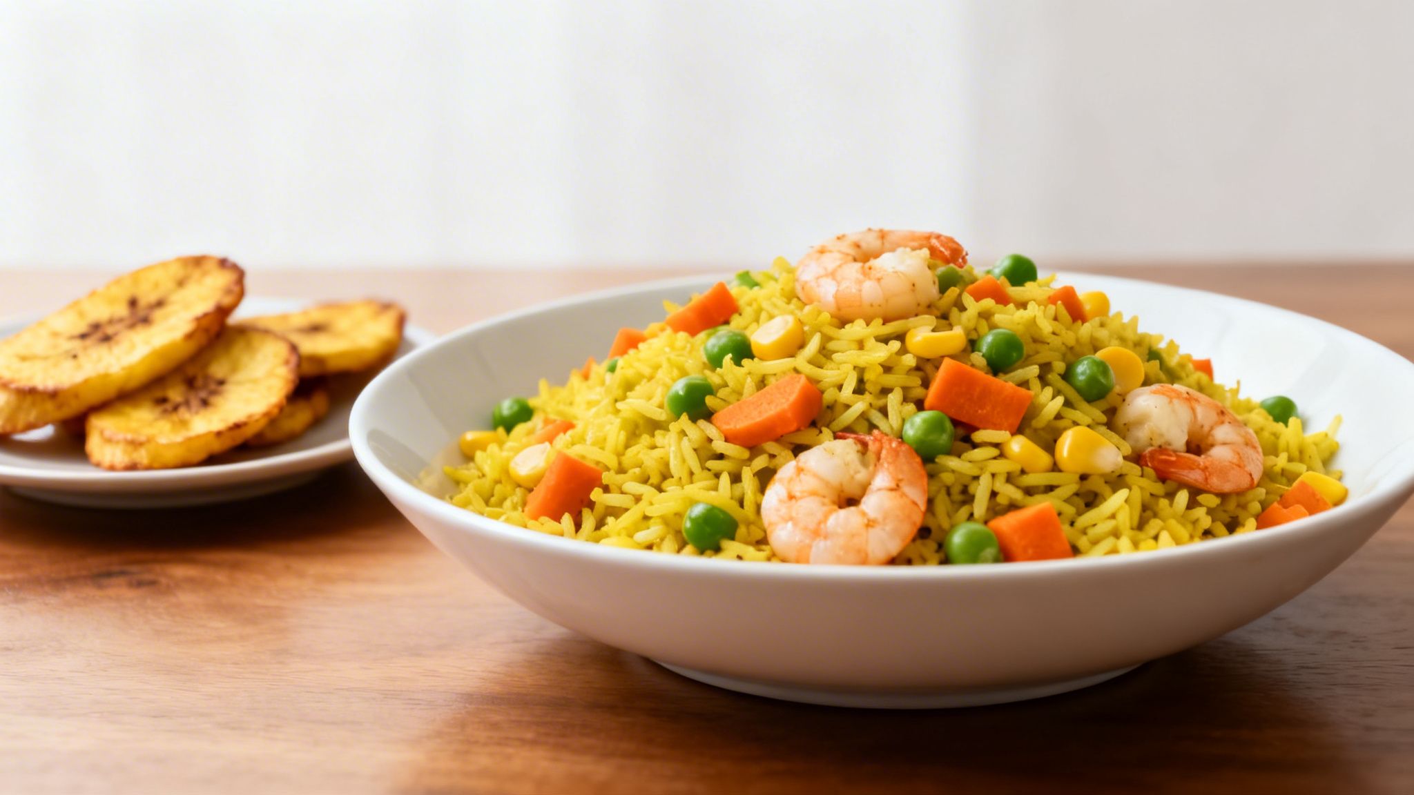 Close-up of vibrant yellow fried rice with shrimp, peas, corn, and carrots, served with fried plantains.