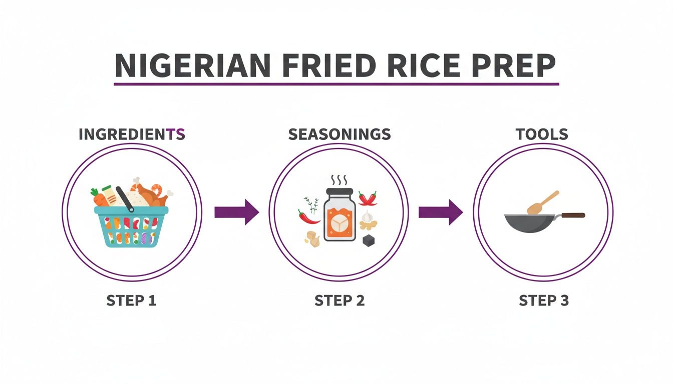 A visual guide illustrating three steps for Nigerian fried rice prep: ingredients, seasonings, and tools.