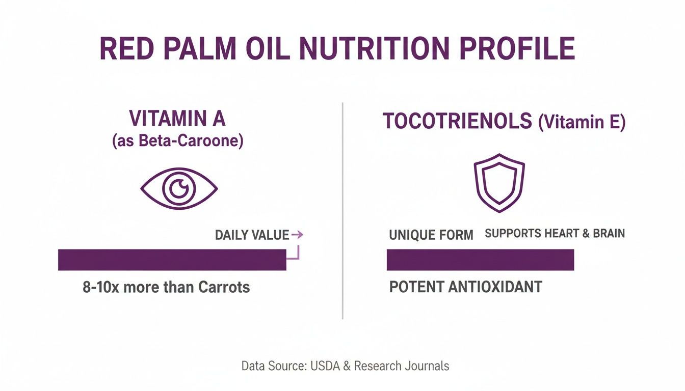 Infographic on red palm oil nutrition, highlighting Vitamin A (beta-carotene) and Tocotrienols (Vitamin E) benefits.
