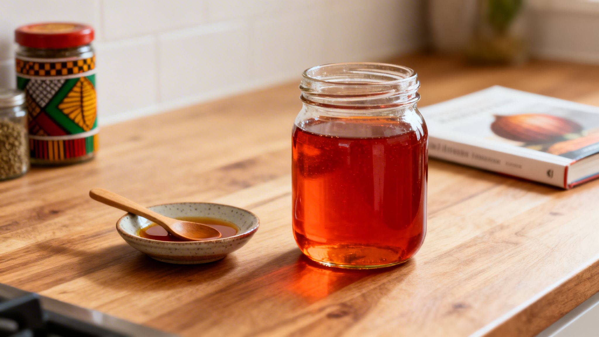 A glass jar of red palm oil on a wooden counter, with a small dish and spoon.