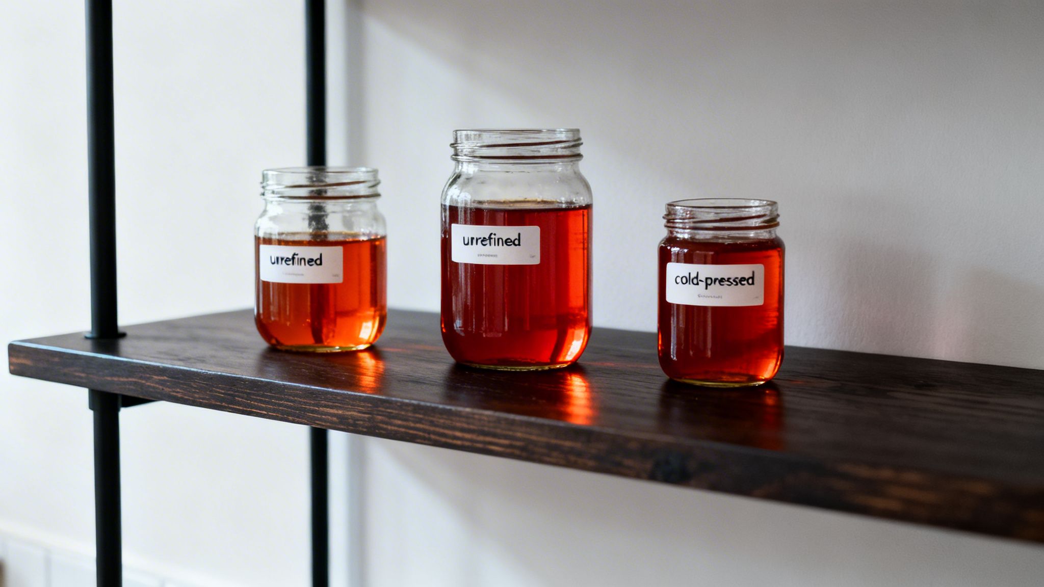 Three labeled glass jars of unrefined and cold-pressed red palm oil on a wooden shelf.