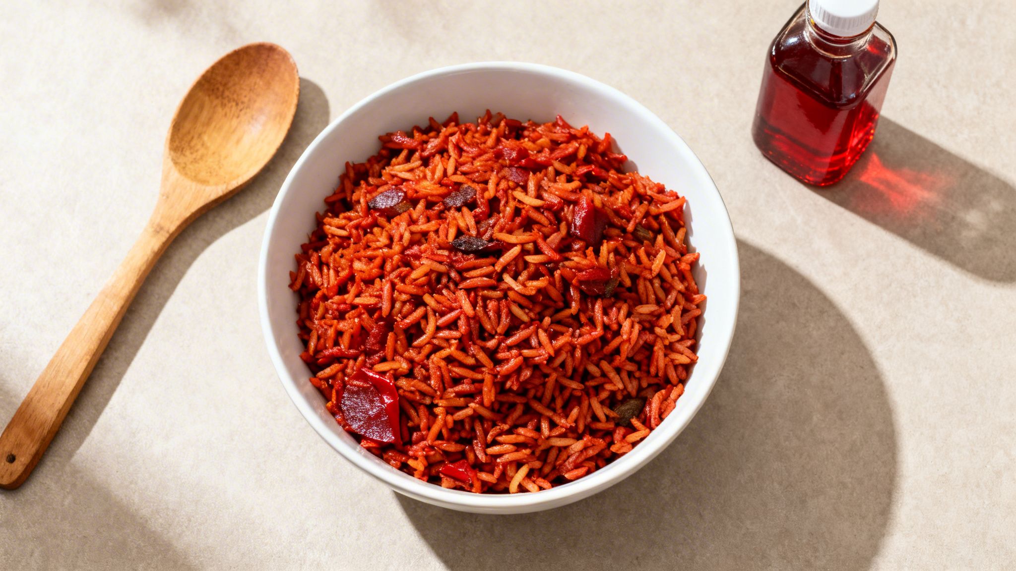 A bowl of vibrant red rice, a wooden spoon, and a bottle of red palm oil on a table.