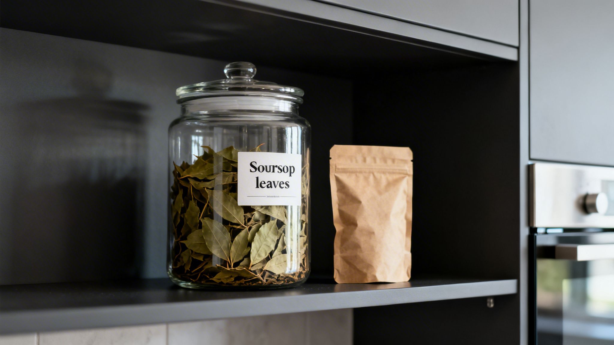 A glass jar labeled 'Soursop leaves' and a brown paper bag sit on a dark kitchen shelf.