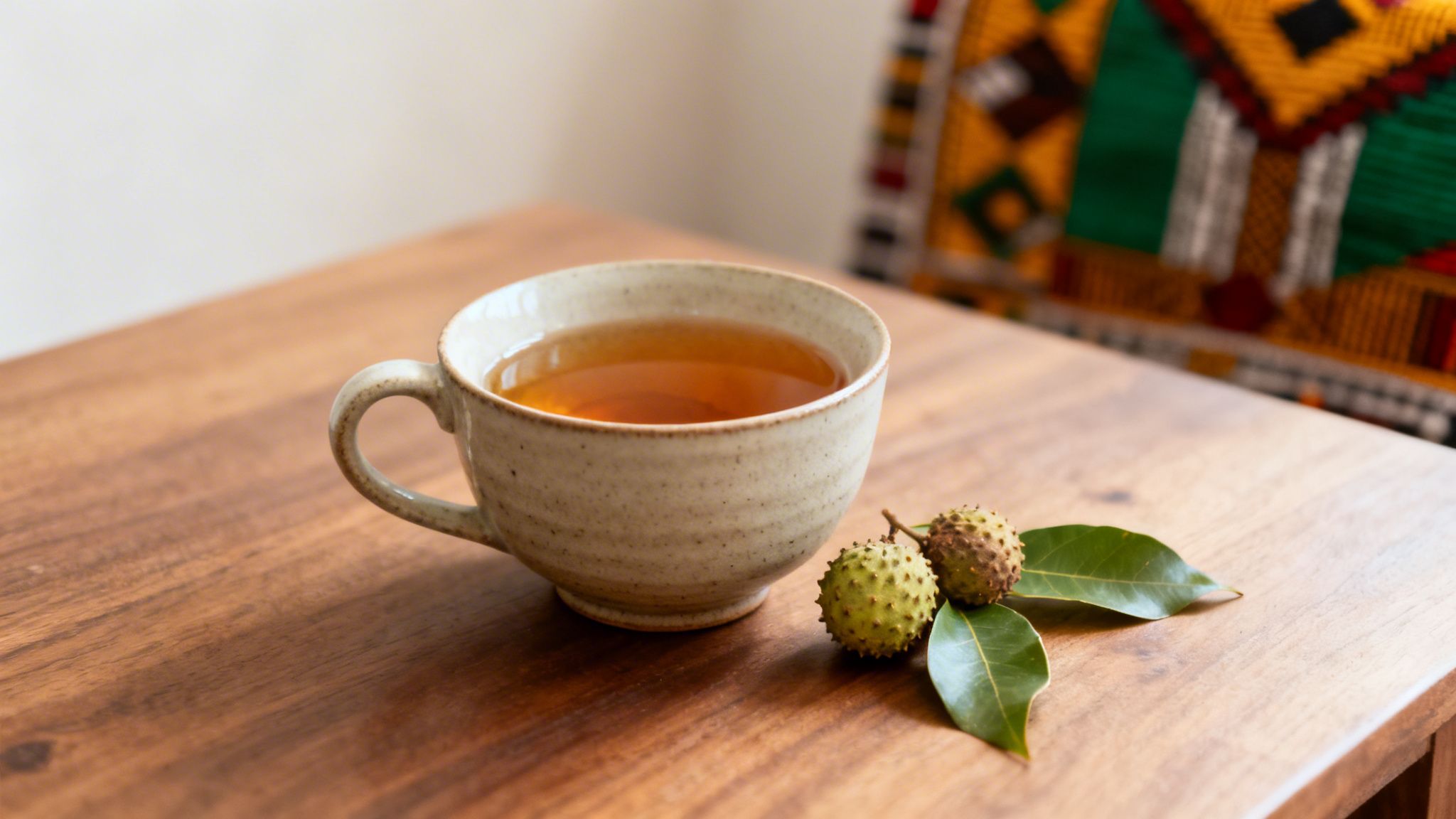A cup of soursop leaf tea on a wooden table, accompanied by soursop fruits and leaves.