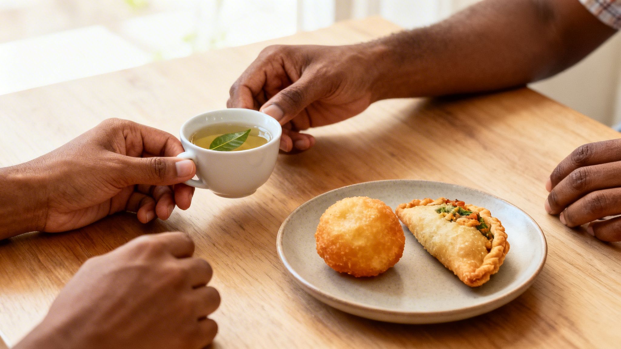 Two people's hands exchanging a cup of soursop leaf tea on a wooden table with fried pastries.