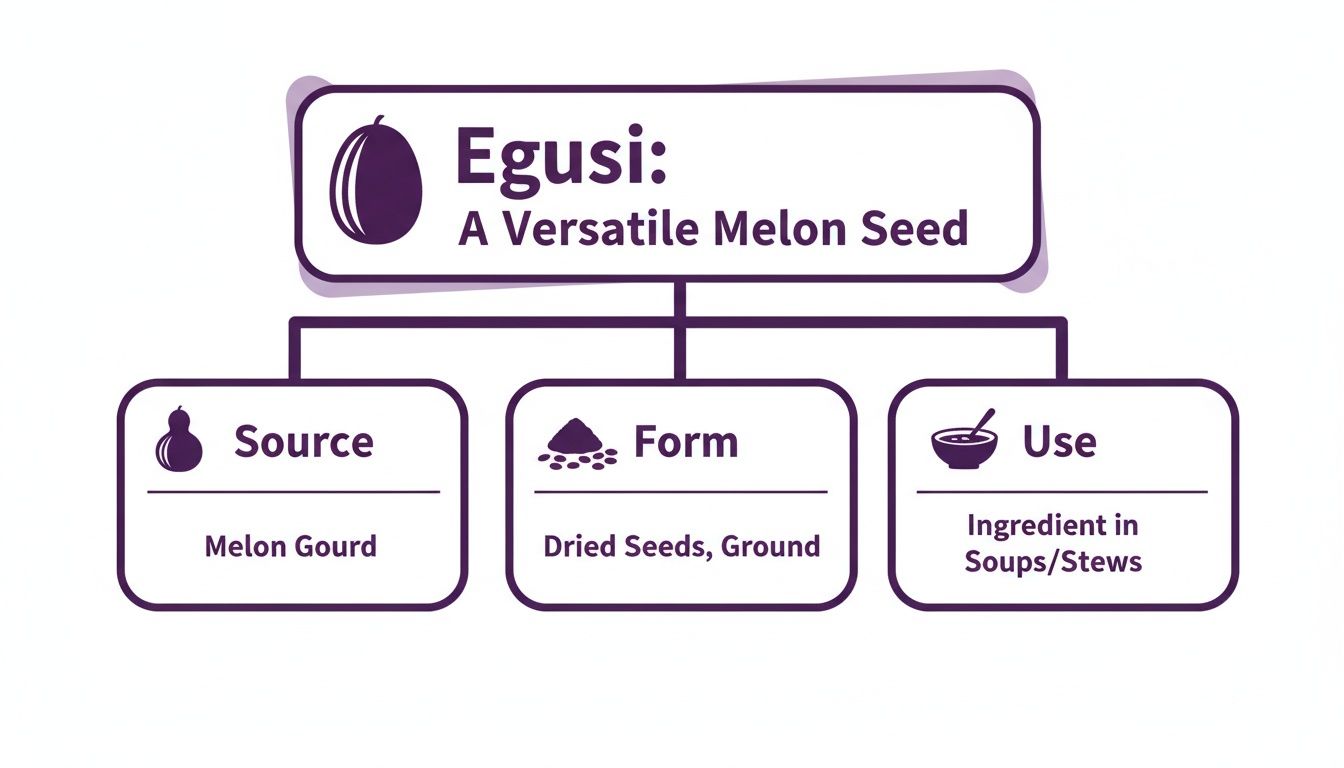 Infographic explaining Egusi, a versatile melon seed, detailing its source, form, and culinary uses.