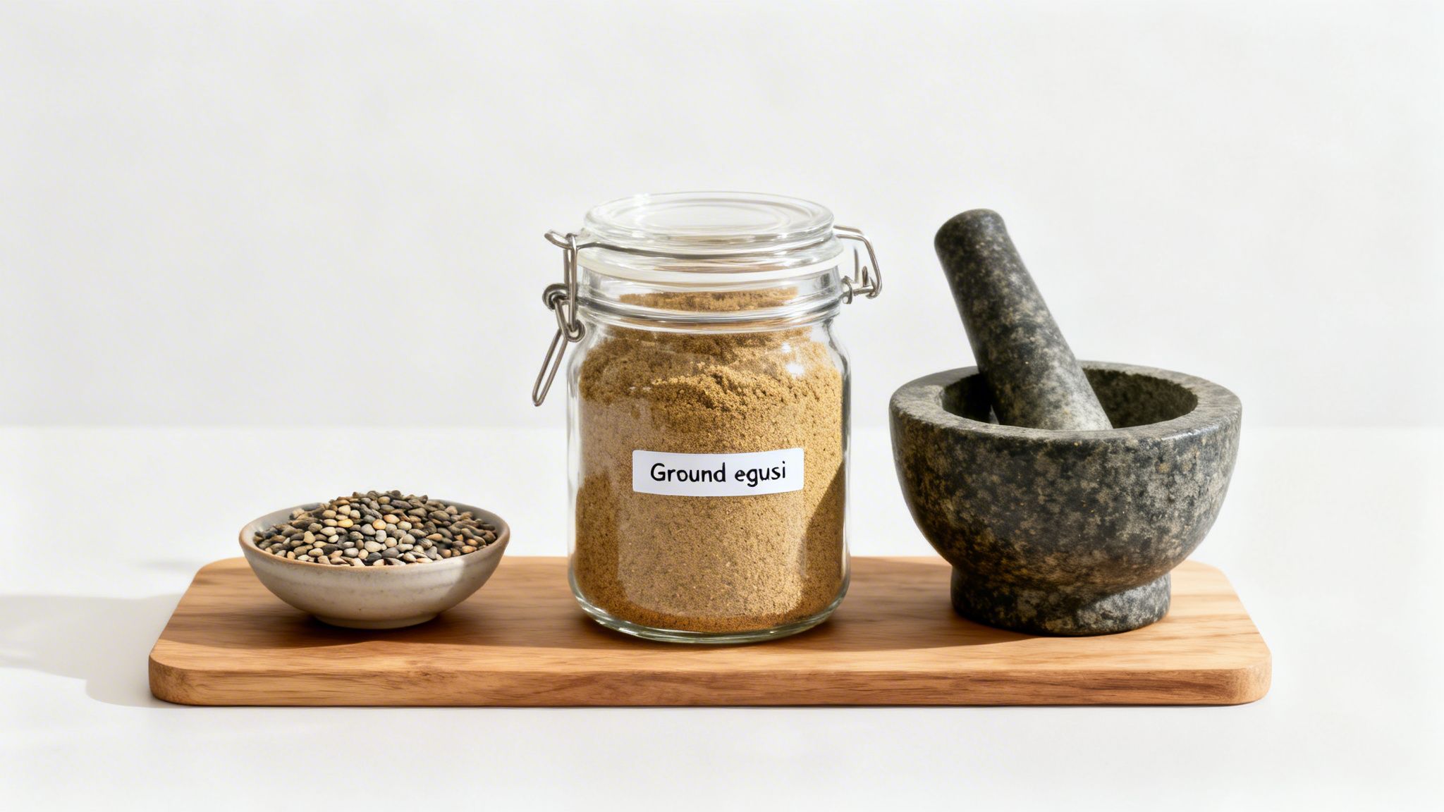 Egusi seeds in a bowl, ground egusi powder in a jar, and a mortar and pestle on a wooden board.