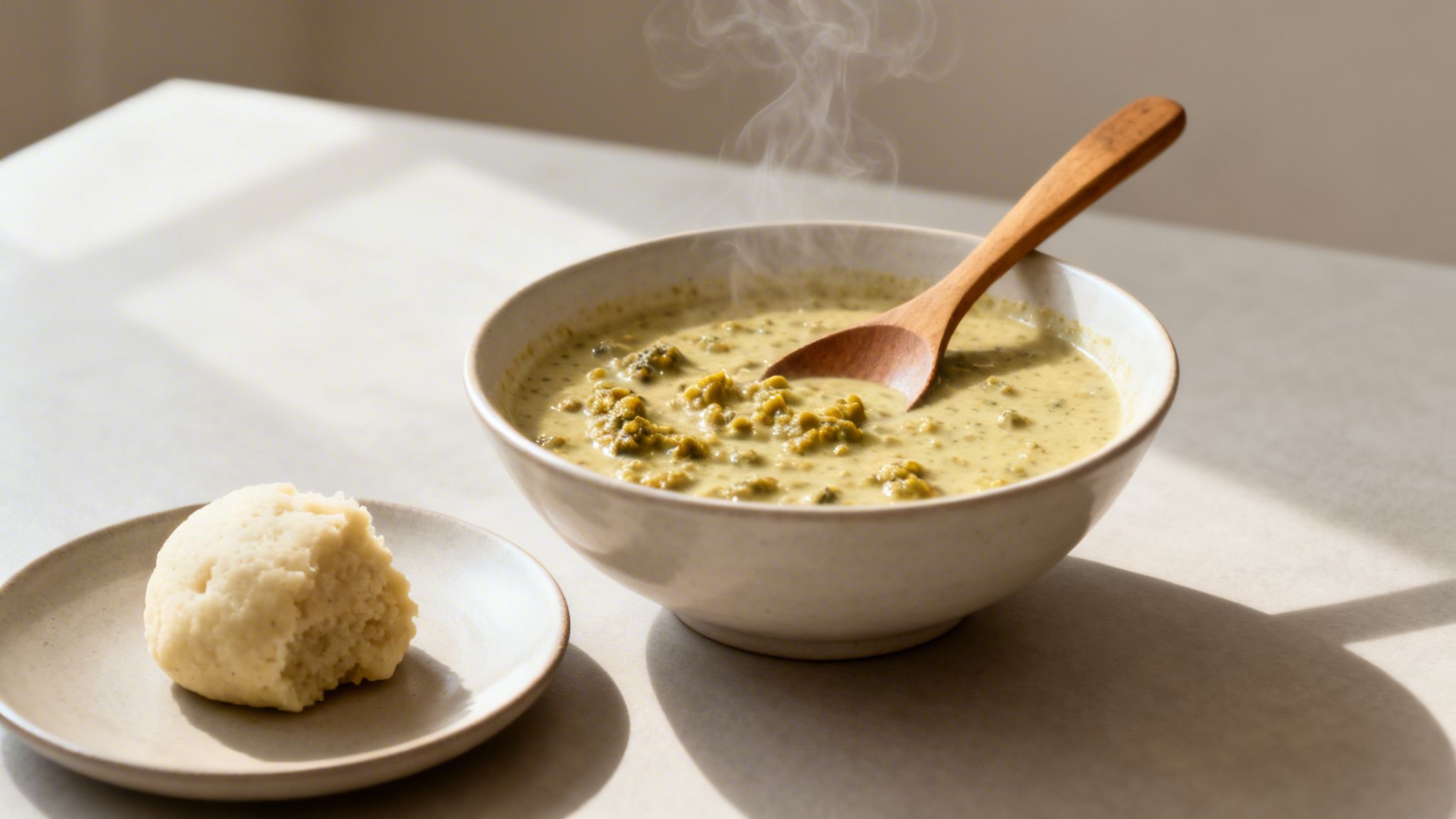 A steaming bowl of green egusi soup with a wooden spoon next to a fufu dumpling on a plate.