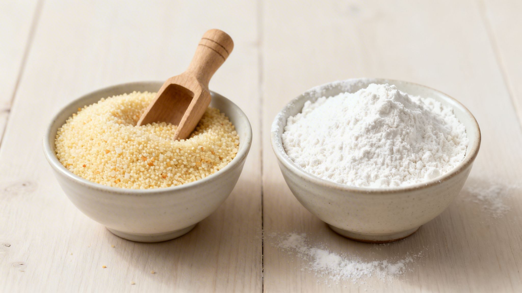 Two ceramic bowls on a light wooden table, one containing semolina with a scoop, the other white flour.