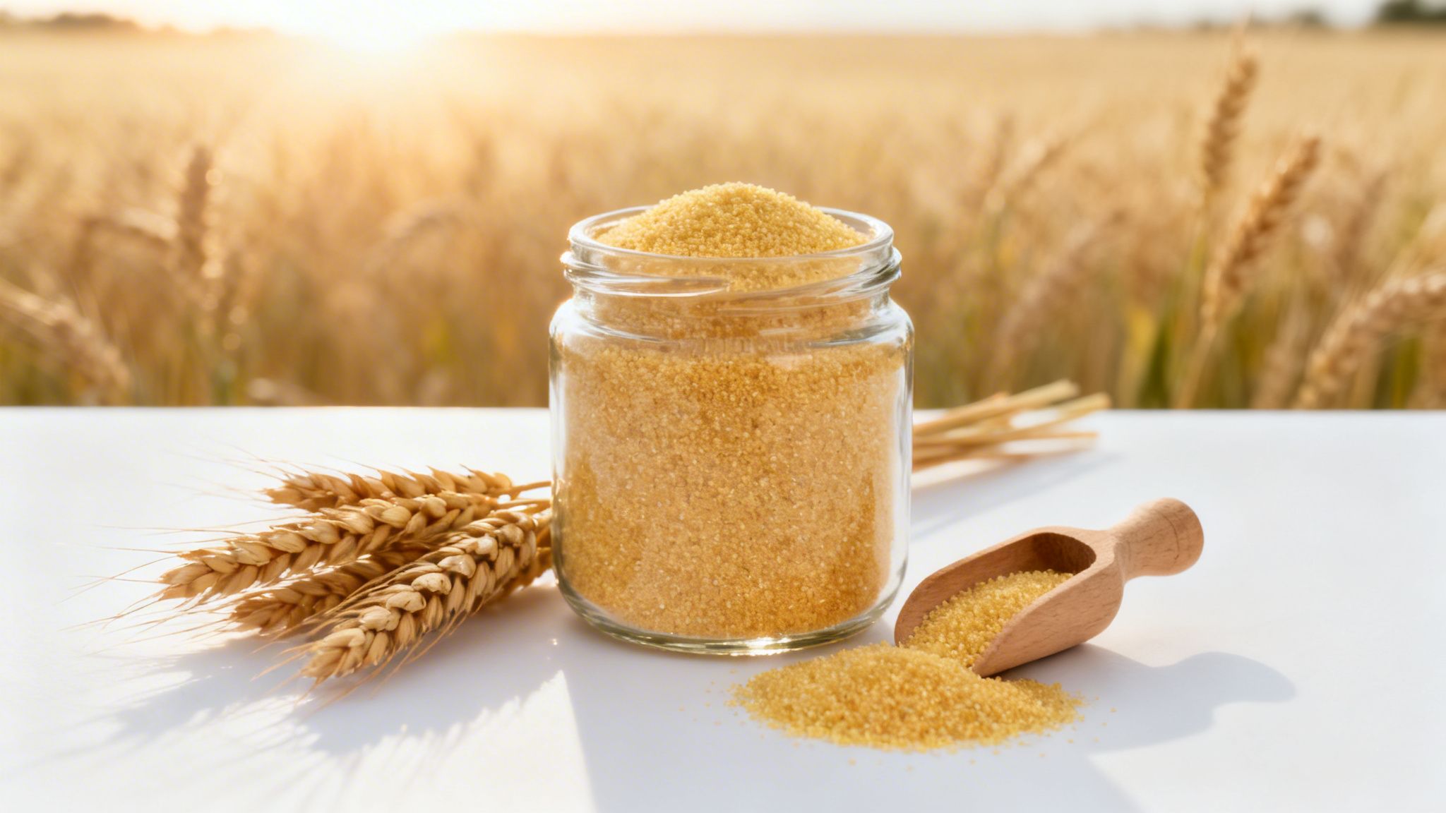 Jar of golden semolina with a wooden scoop and wheat stalks on a white table in a field.