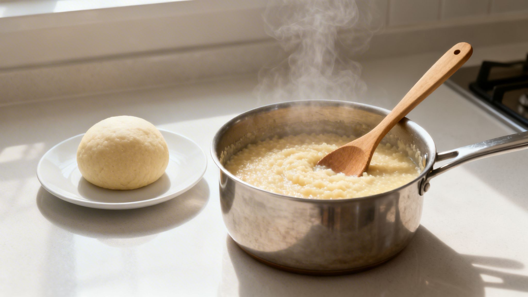 A round dough ball on a white plate and a pot of steaming semolina porridge with a wooden spoon.