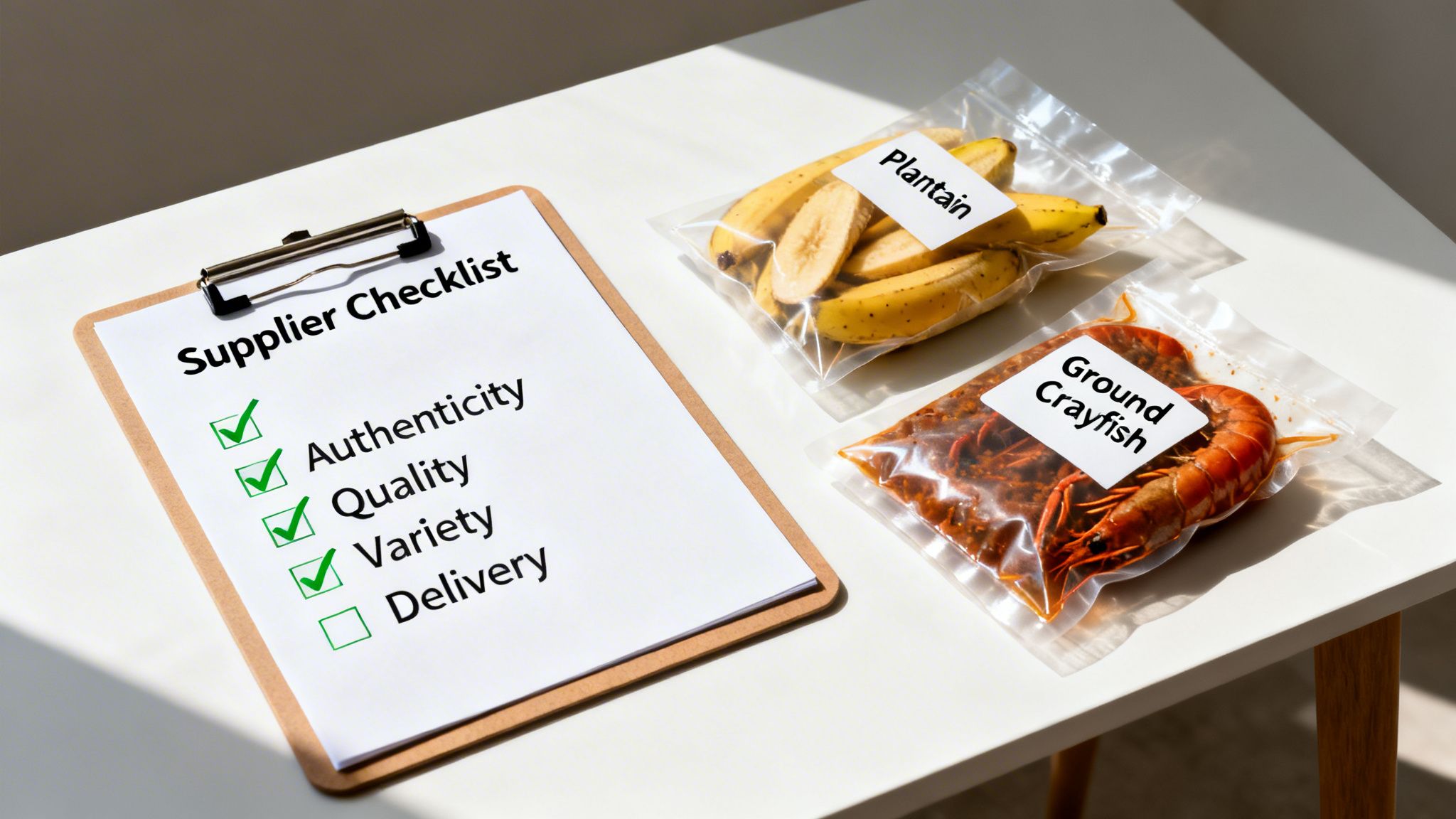 A supplier checklist with authenticity, quality, and variety checked, next to packaged plantains and ground crayfish.